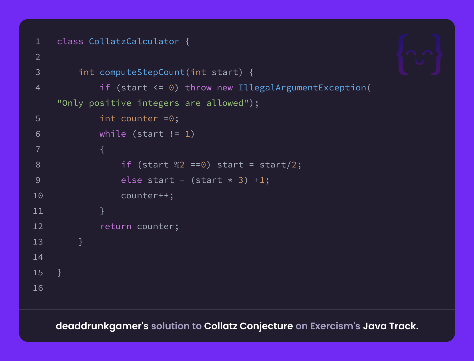 deaddrunkgamer's solution for Collatz Conjecture in Java on Exercism