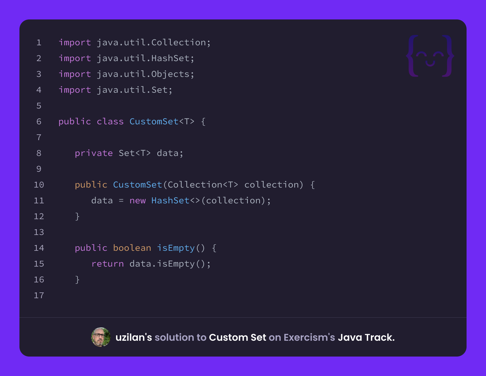 uzilan's solution for Custom Set in Java on Exercism