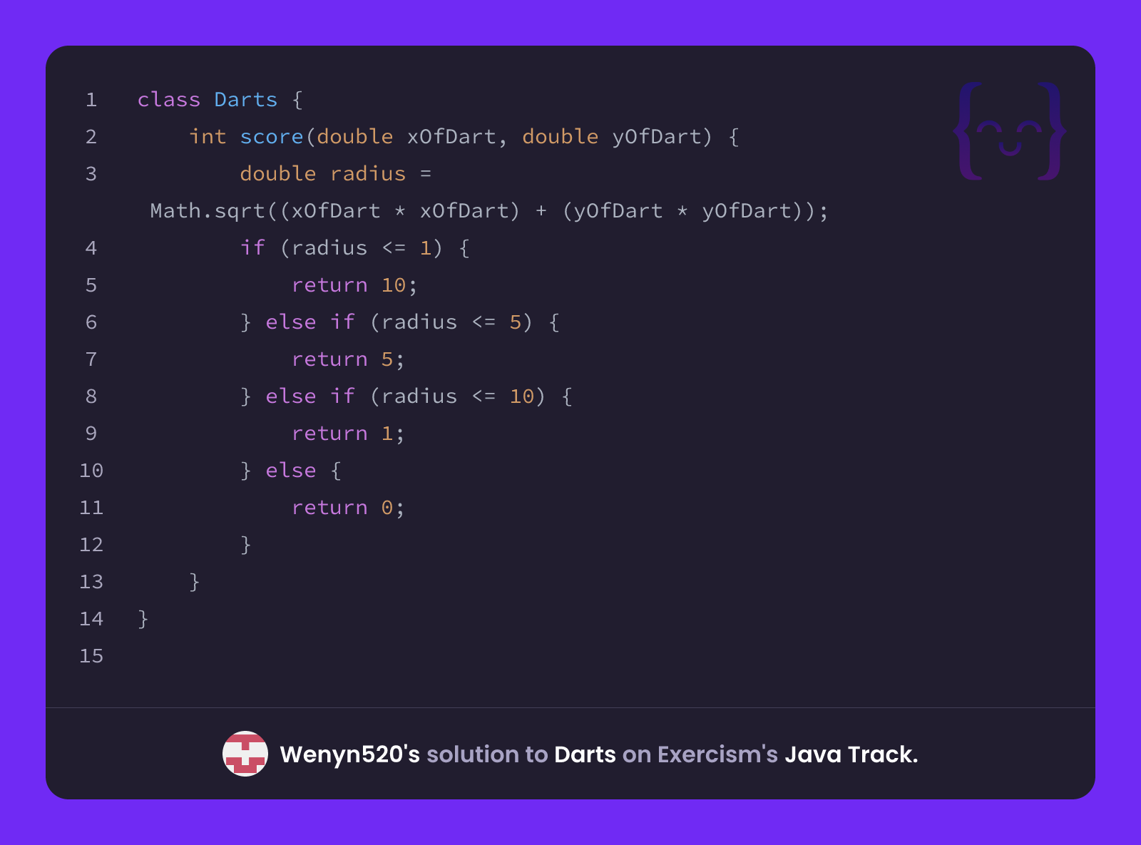 Wenyn520's solution for Darts in Java on Exercism