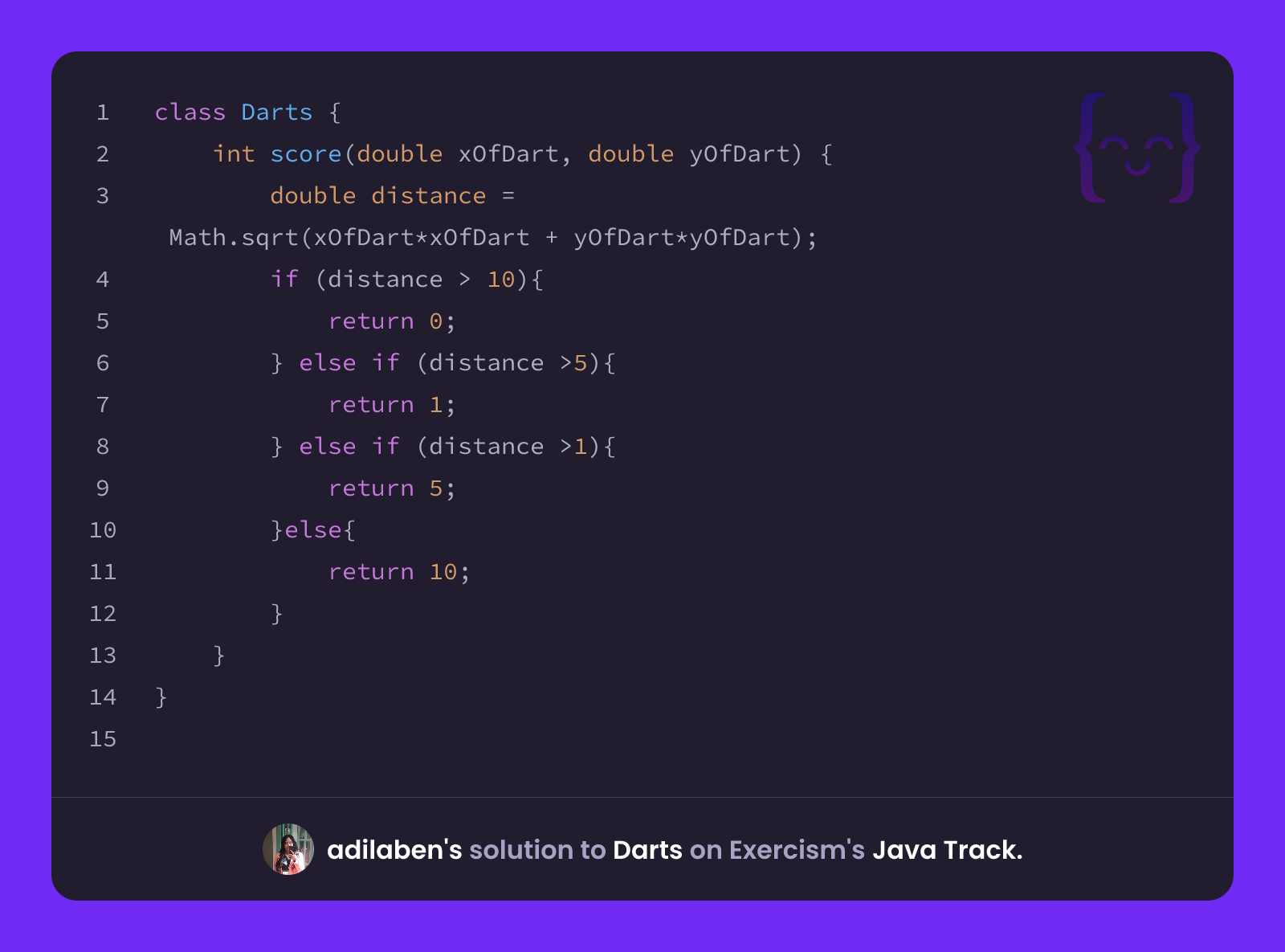 adilaben's solution for Darts in Java on Exercism