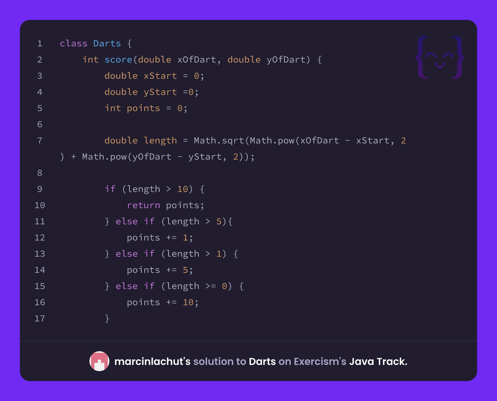 marcinlachut's solution for Darts in Java on Exercism