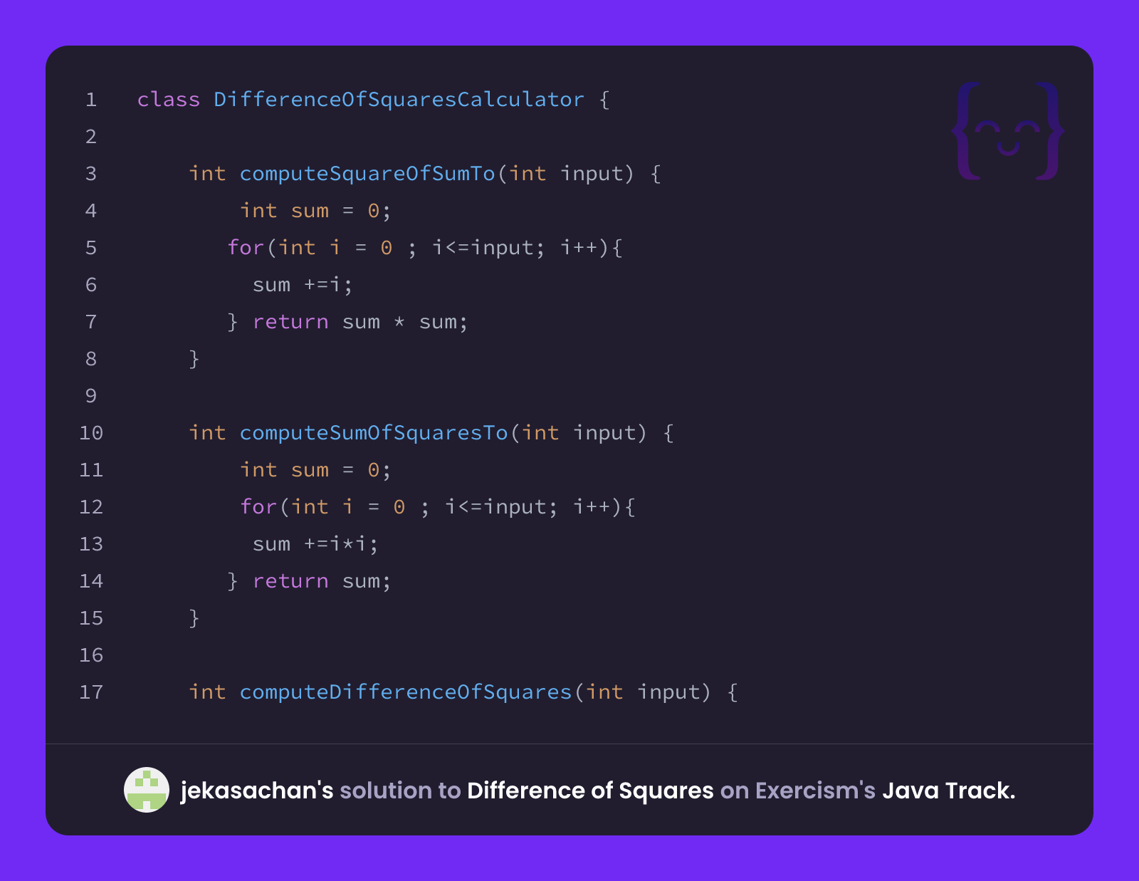jekasachan's solution for Difference of Squares in Java on Exercism