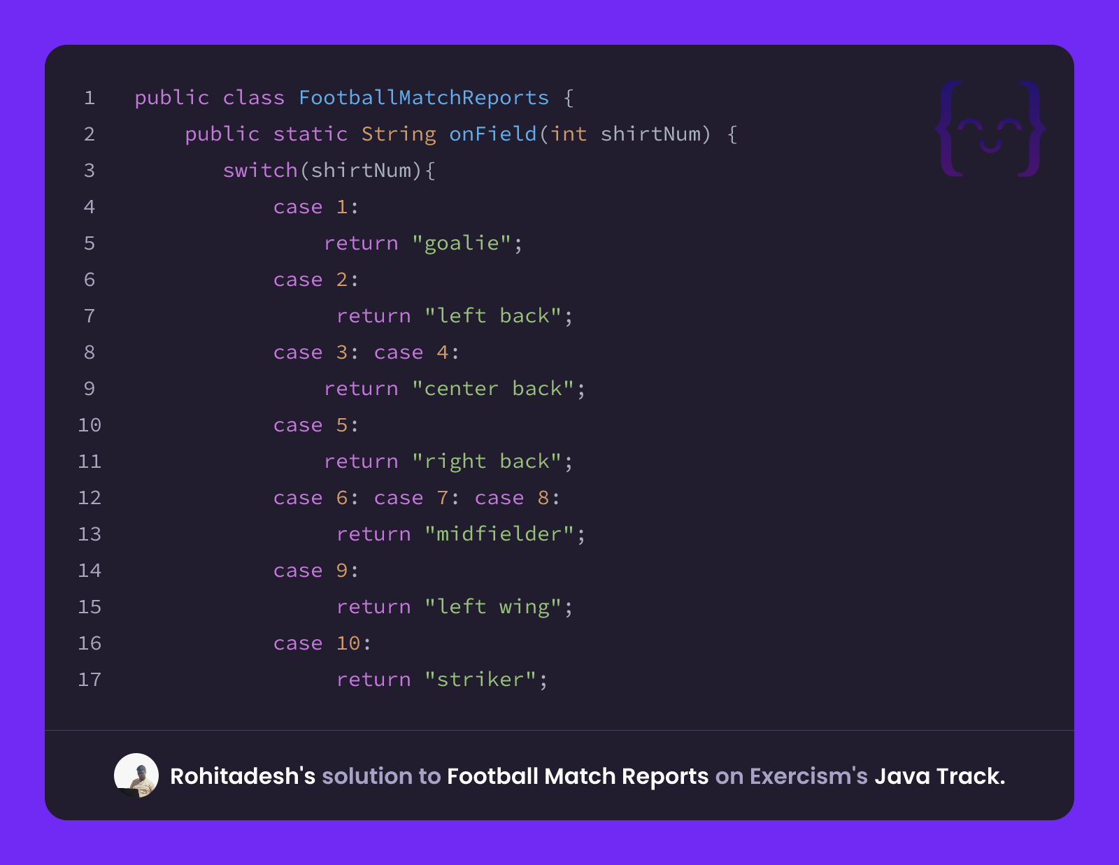 Football Java Rohitadesh's solution for Football Match Reports in Java on Exercism