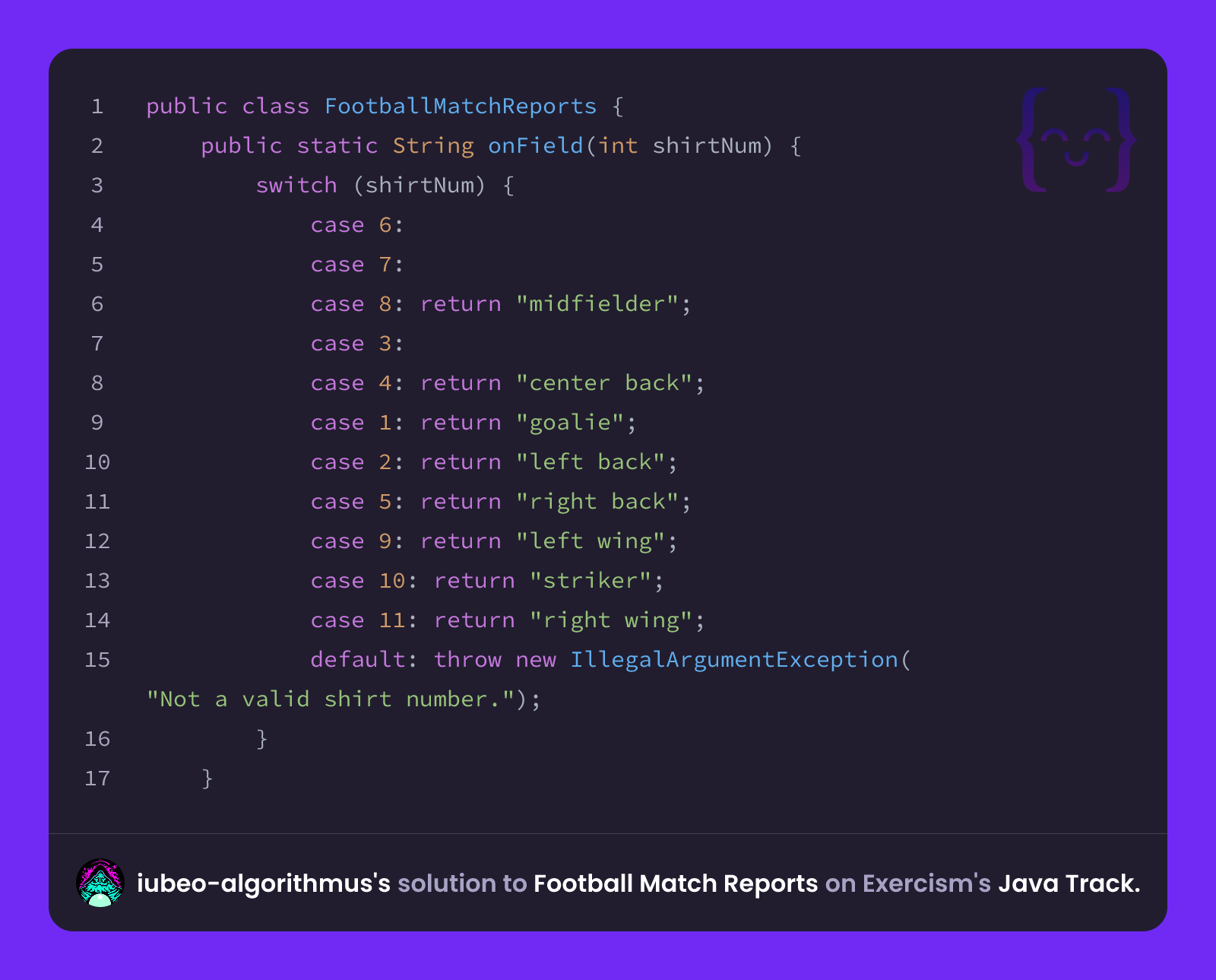 Football Java iubeo-algorithmus's solution for Football Match Reports in Java on Exercism