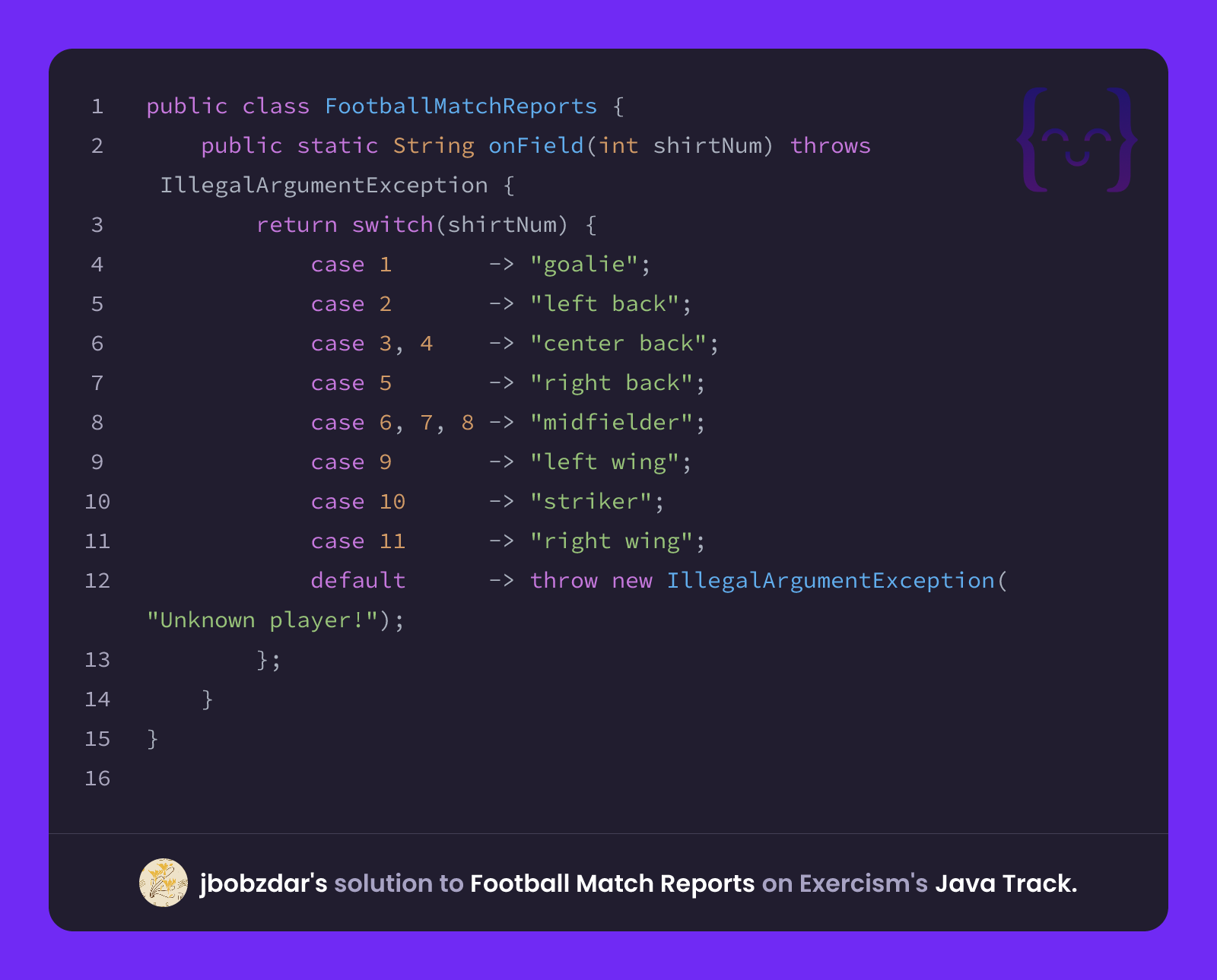 Java Football Ffa Map jbobzdar's solution for Football Match Reports in Java on Exercism