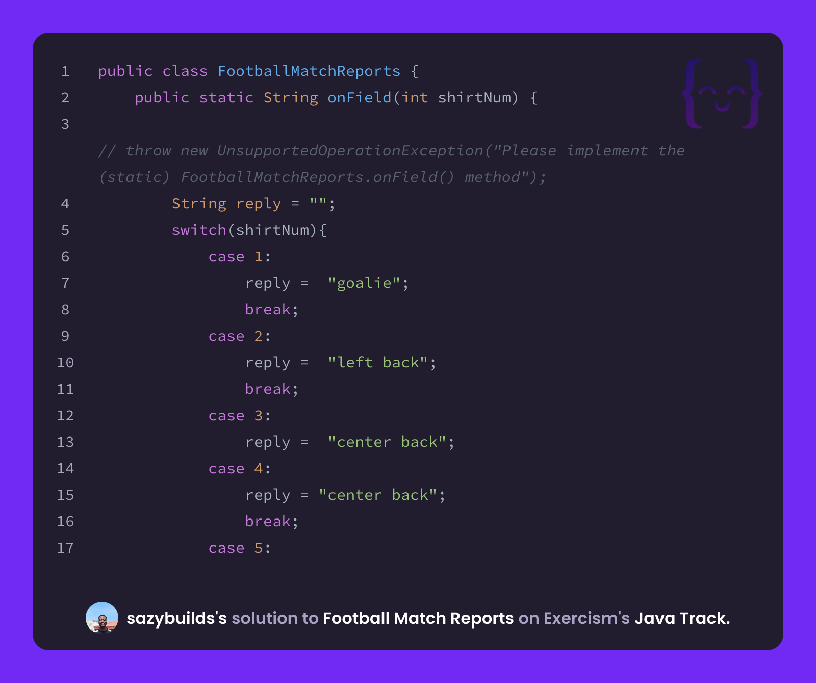 Football Java sazybuilds's solution for Football Match Reports in Java on Exercism
