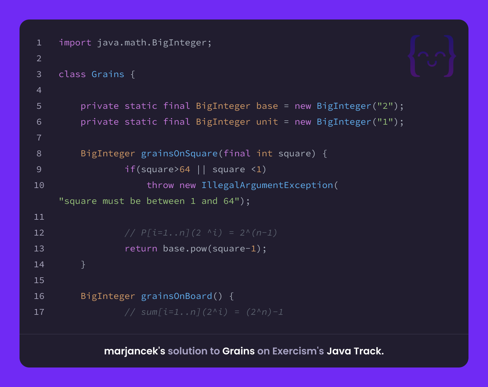 marjancek's solution for Grains in Java on Exercism