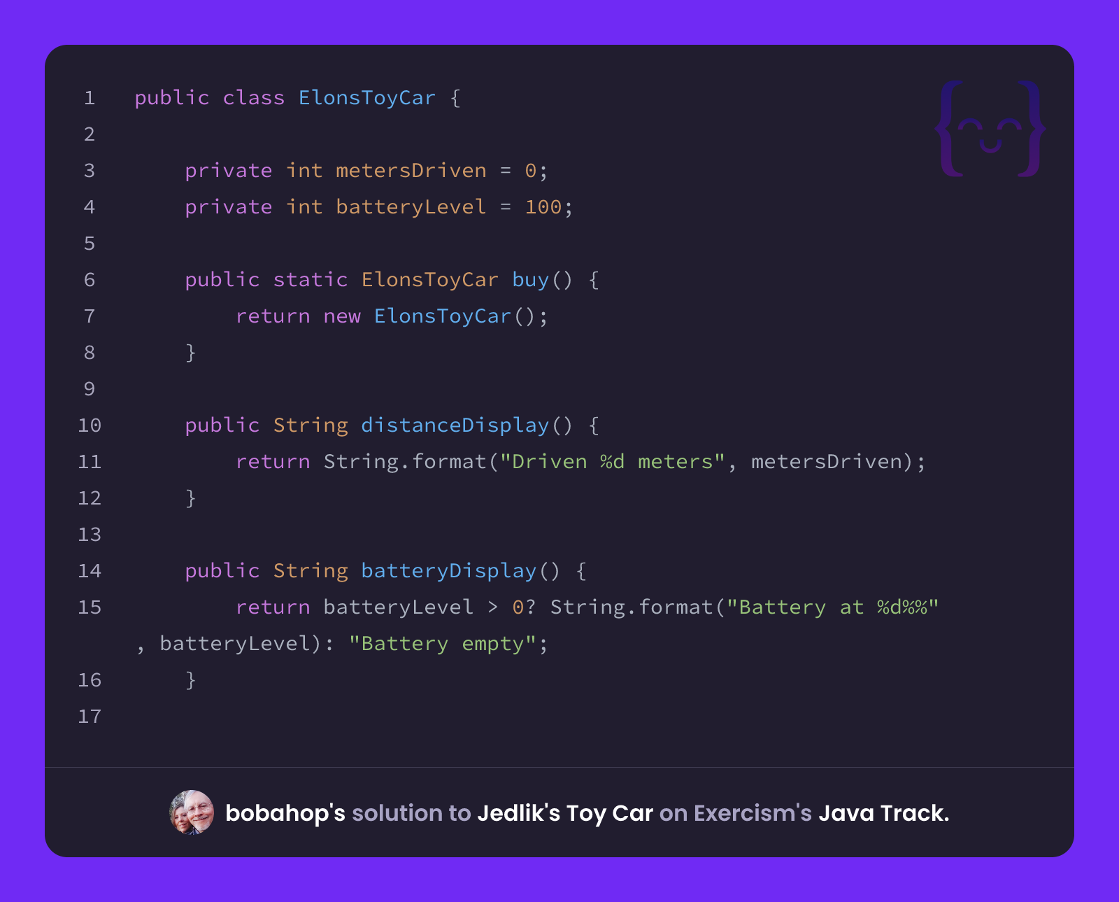 bobahop's solution for Jedlik's Toy Car in Java on Exercism