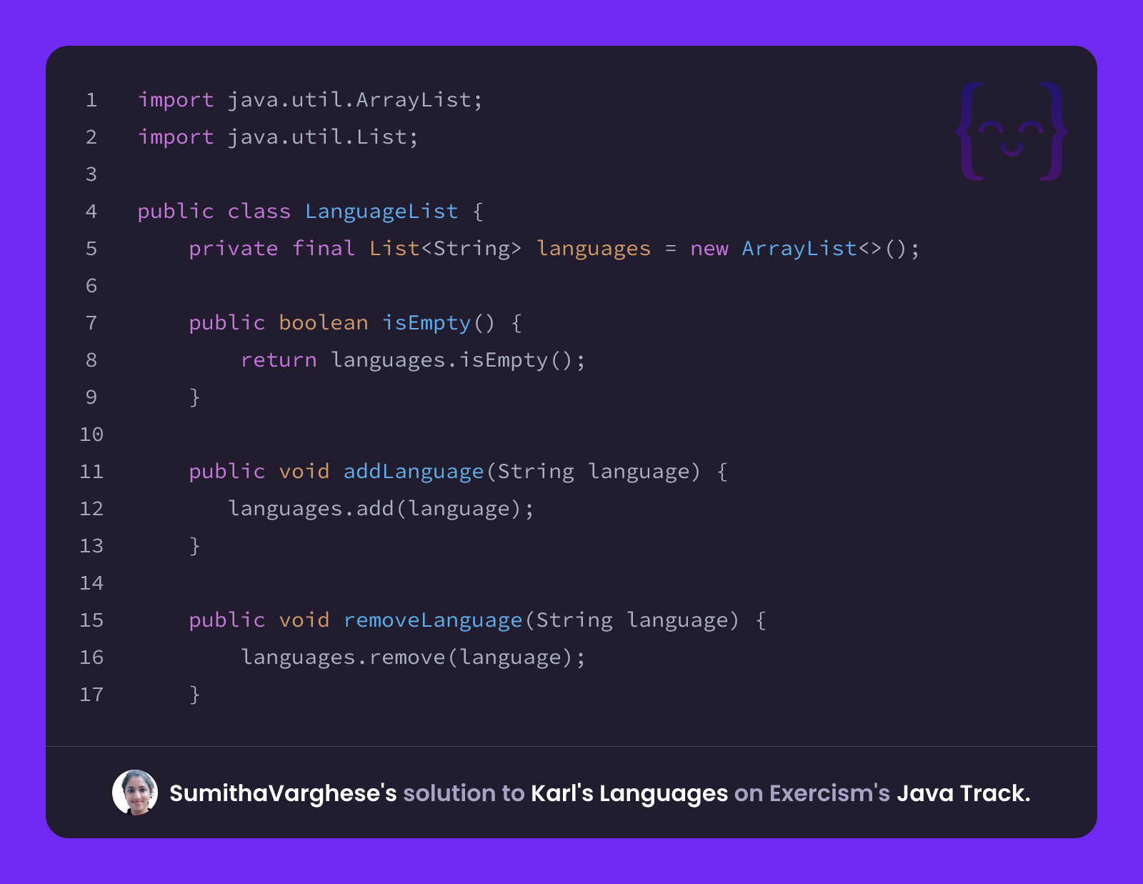 SumithaVarghese's solution for Karl's Languages in Java on Exercism
