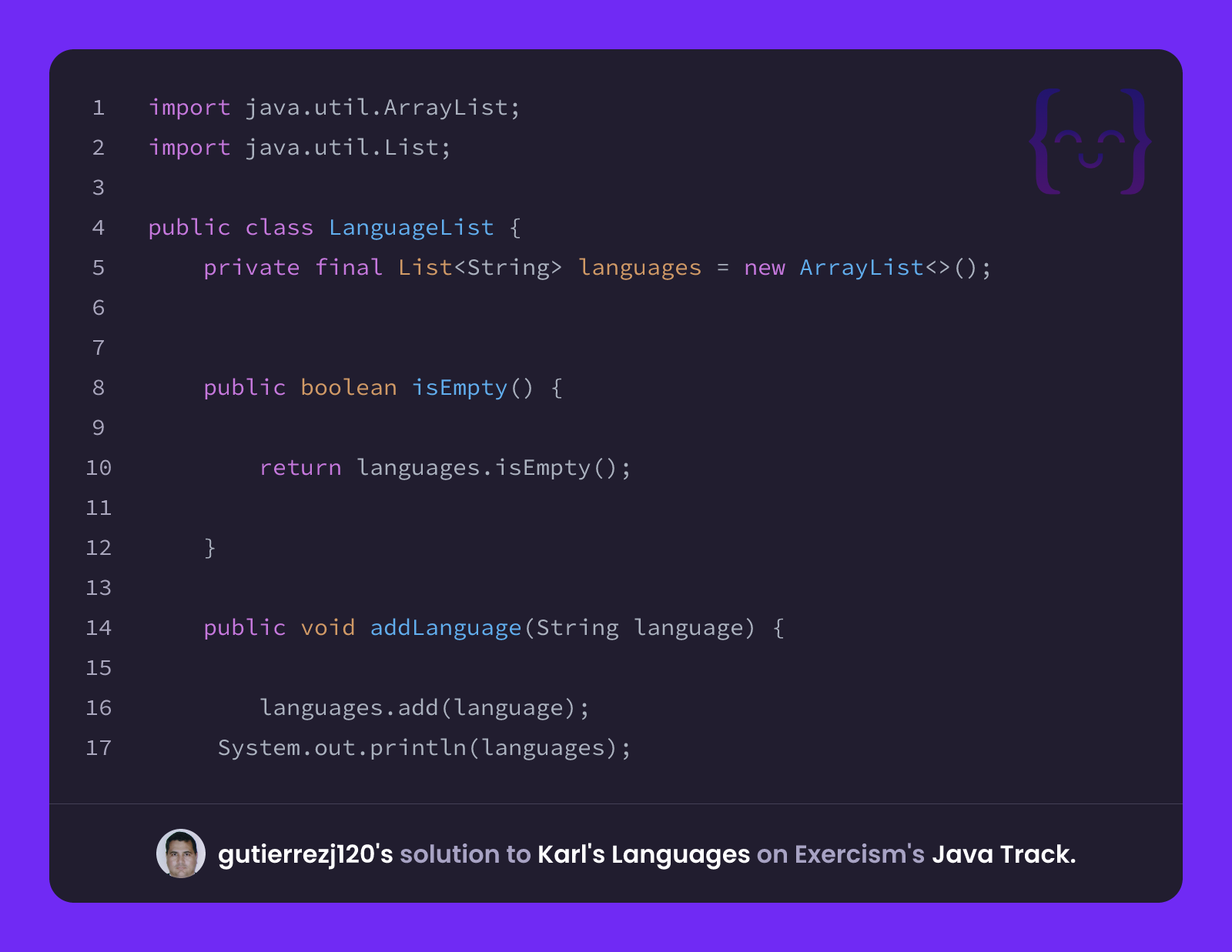 gutierrezj120's solution for Karl's Languages in Java on Exercism