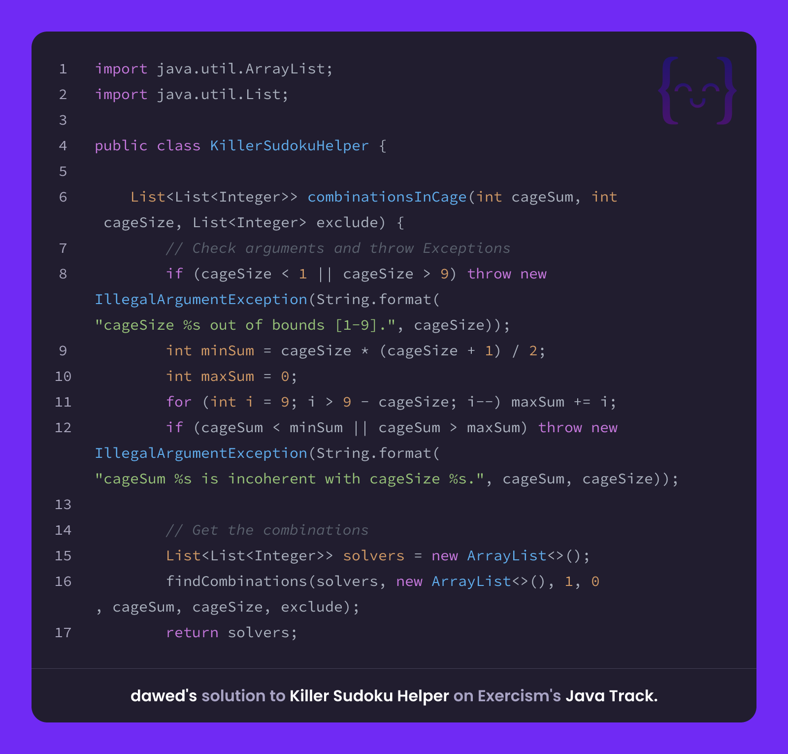 dawed's solution for Killer Sudoku Helper in Java on Exercism