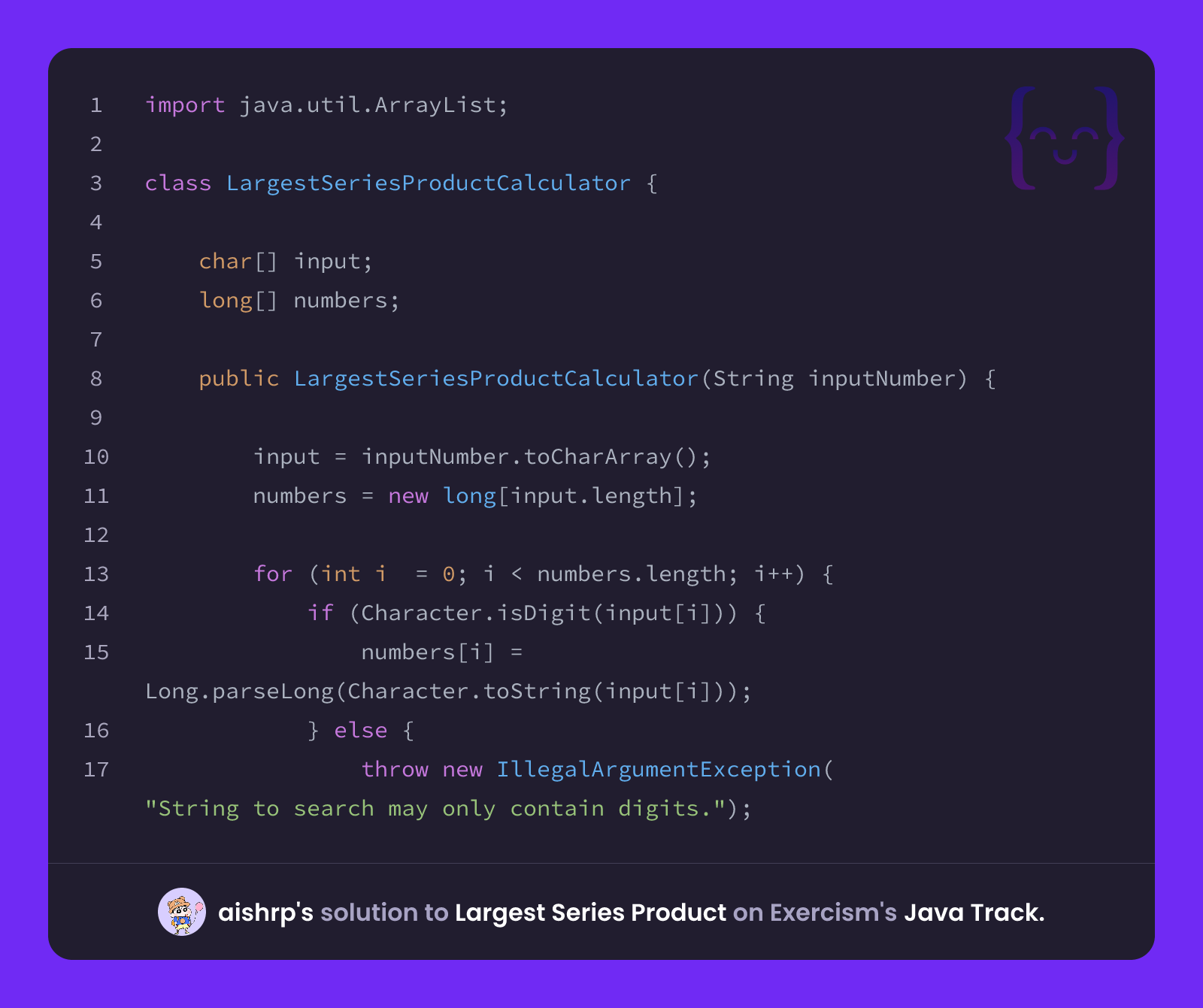 aishrp's solution for Largest Series Product in Java on Exercism