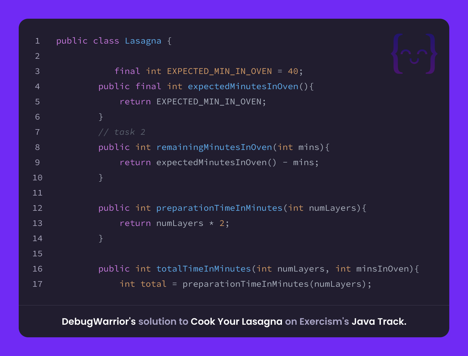 DebugWarrior's solution for Cook Your Lasagna in Java on Exercism