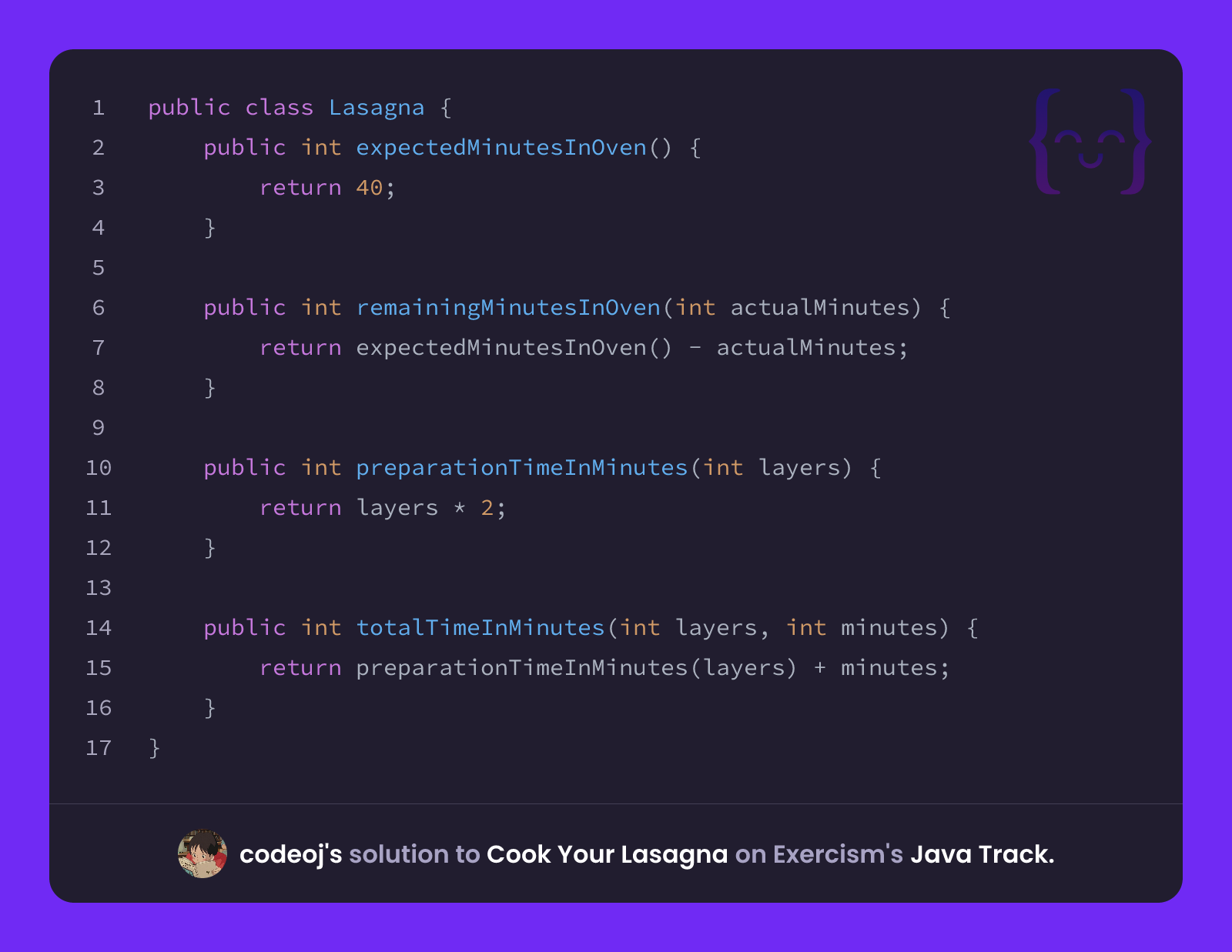 codeoj's solution for Cook Your Lasagna in Java on Exercism