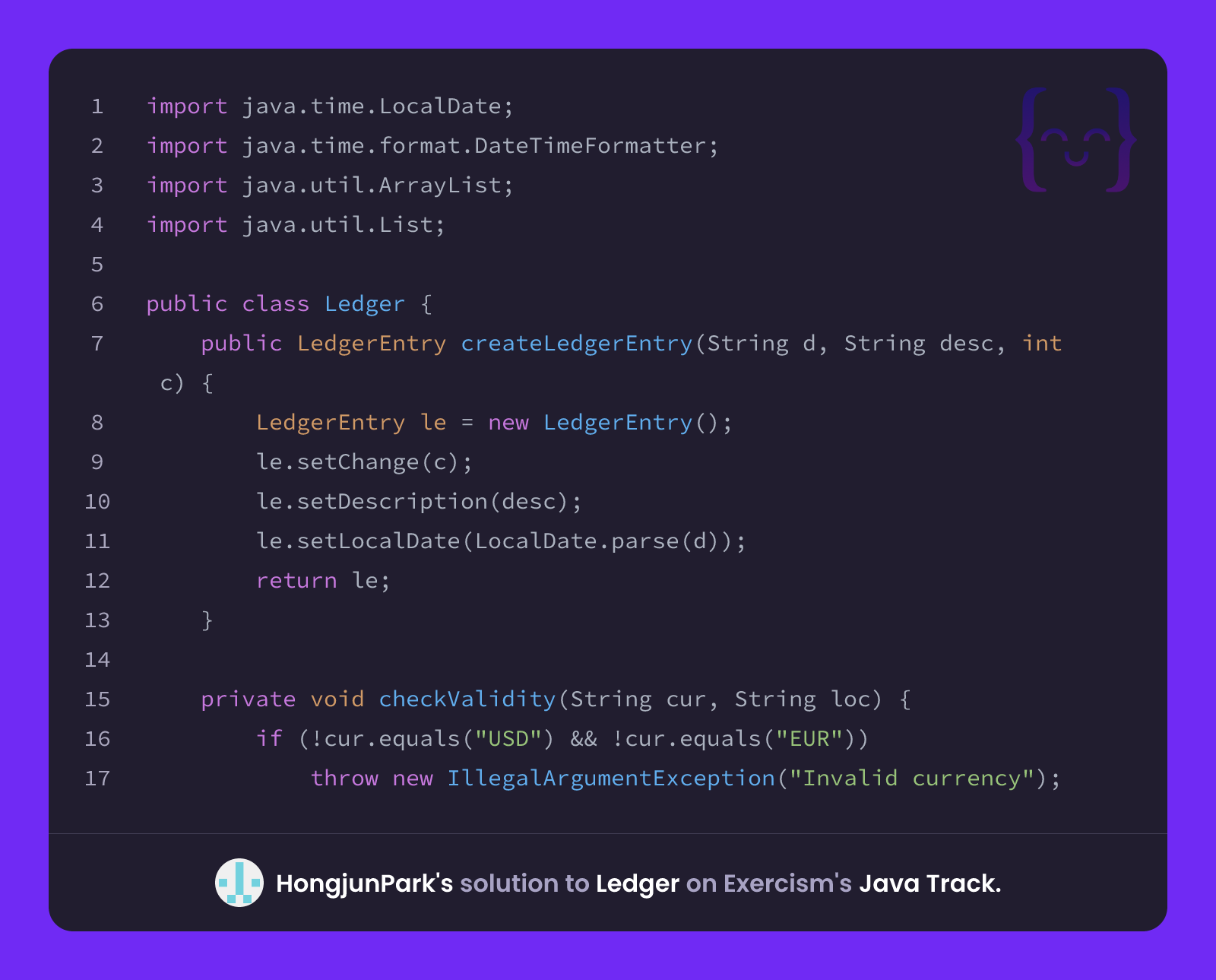 HongjunPark's solution for Ledger in Java on Exercism