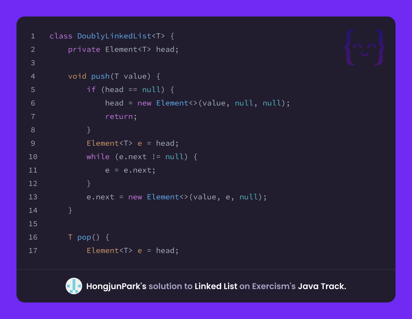 HongjunPark's solution for Linked List in Java on Exercism