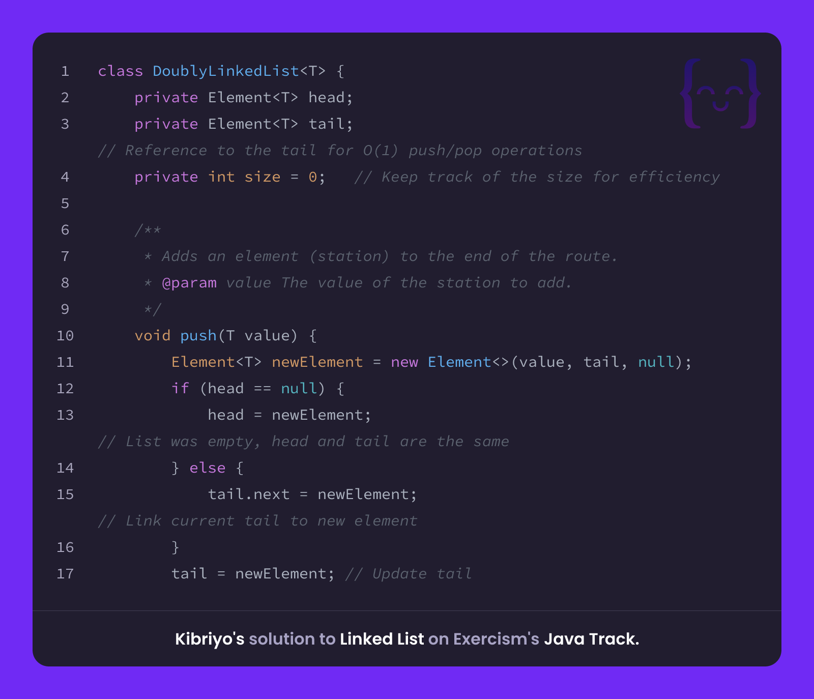 Kibriyo's solution for Linked List in Java on Exercism