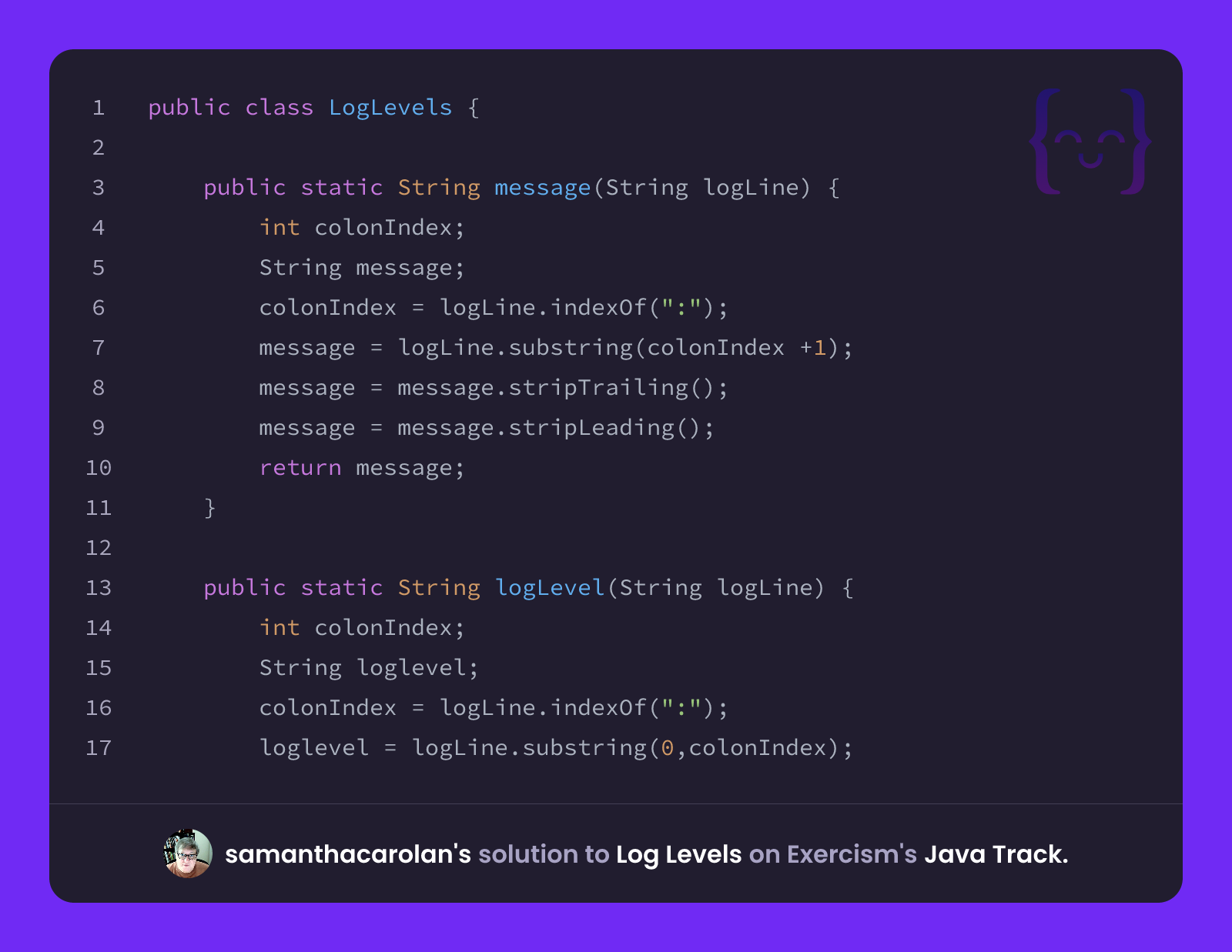 samanthacarolan's solution for Log Levels in Java on Exercism