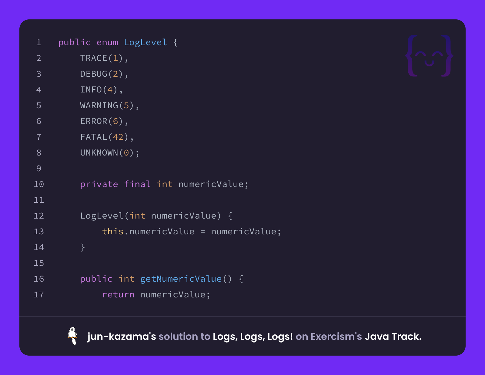 jun-kazama's solution for Logs, Logs, Logs! in Java on Exercism