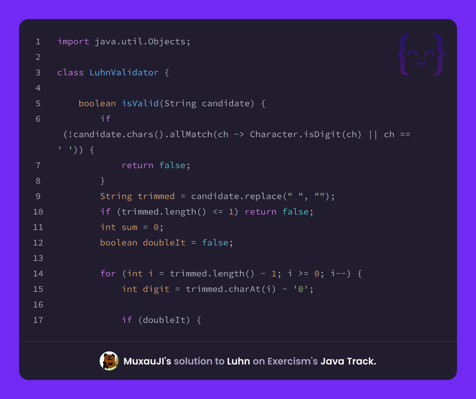 MuxauJI's solution for Luhn in Java on Exercism