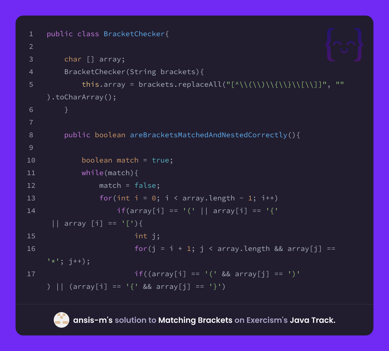 ansis-m's solution for Matching Brackets in Java on Exercism