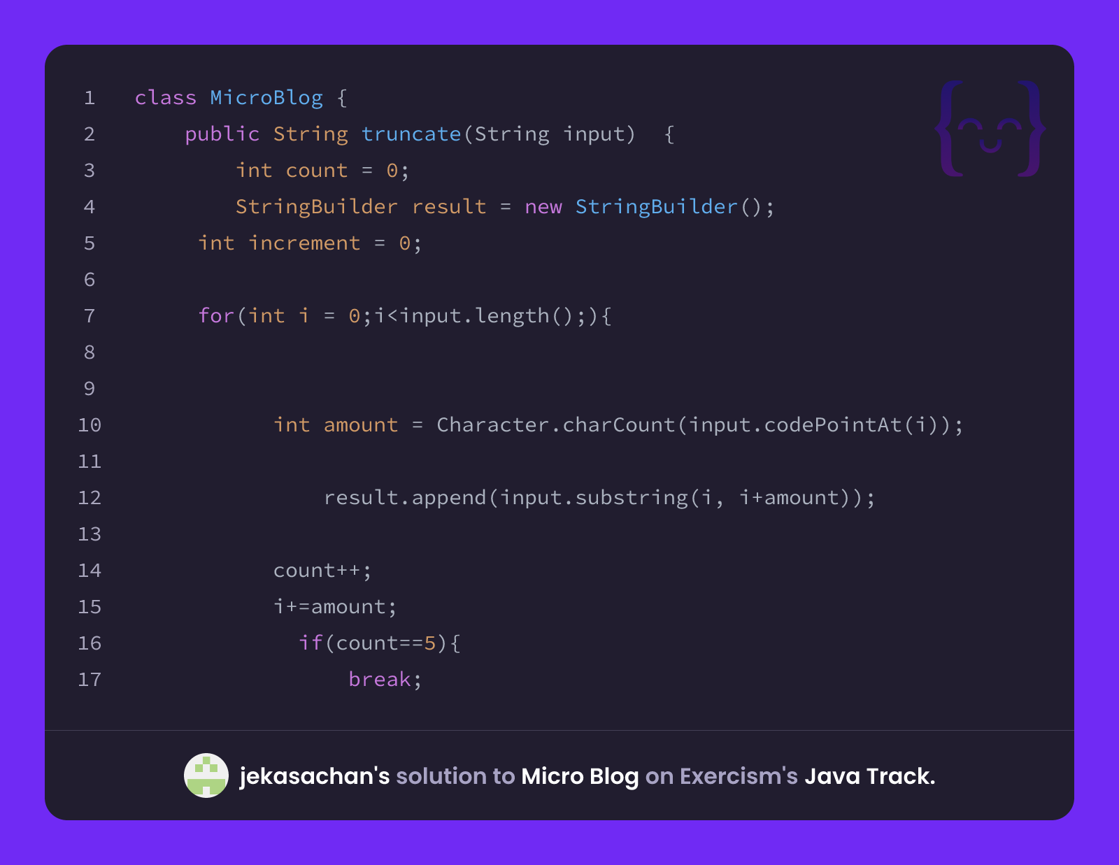 jekasachan's solution for Micro Blog in Java on Exercism