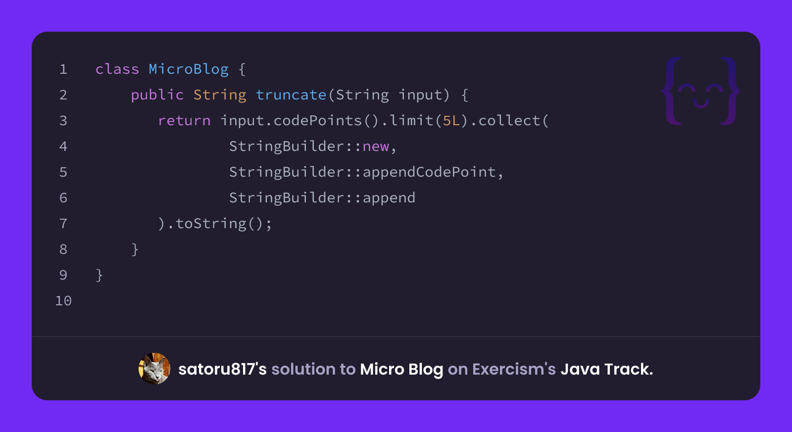 satoru817's solution for Micro Blog in Java on Exercism