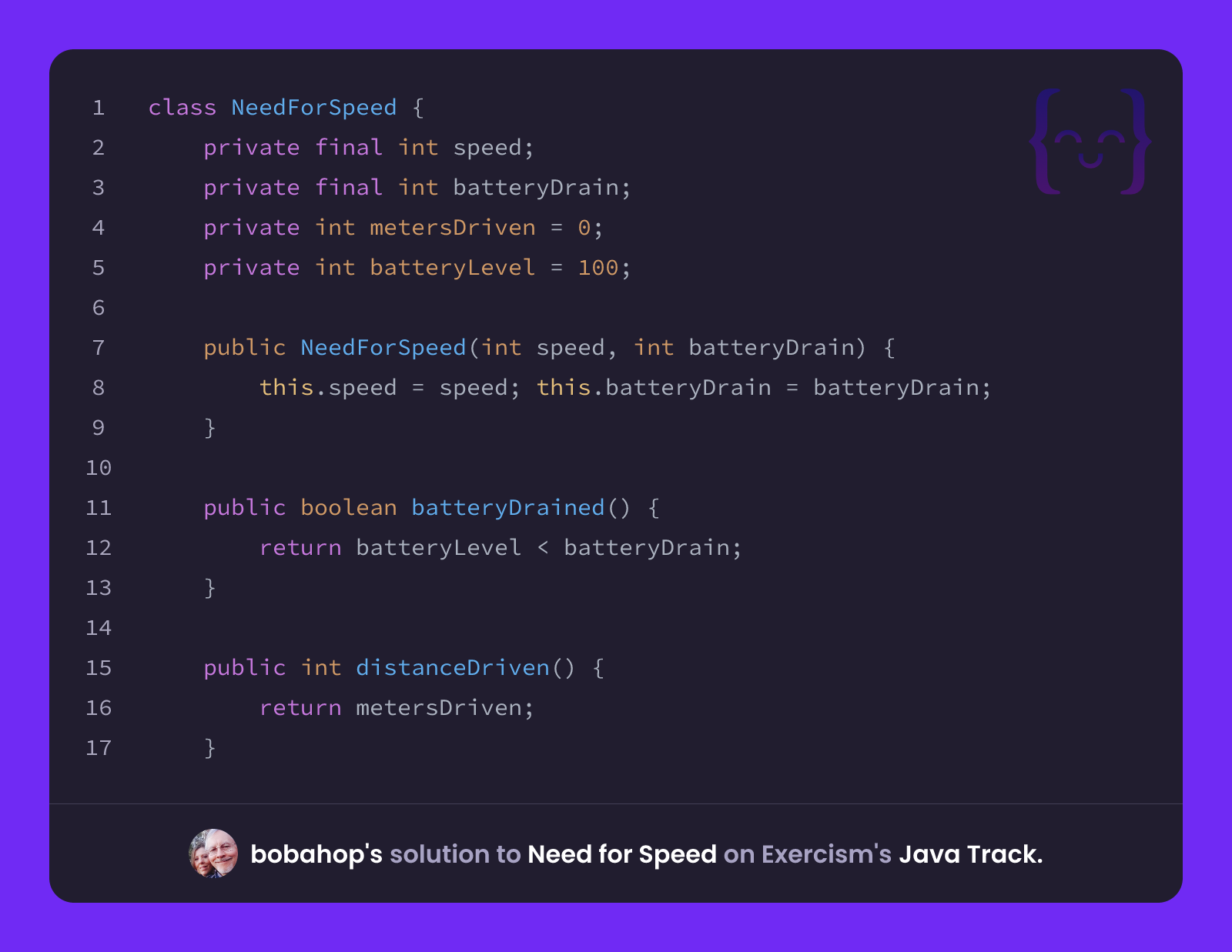 bobahop's solution for Need for Speed in Java on Exercism