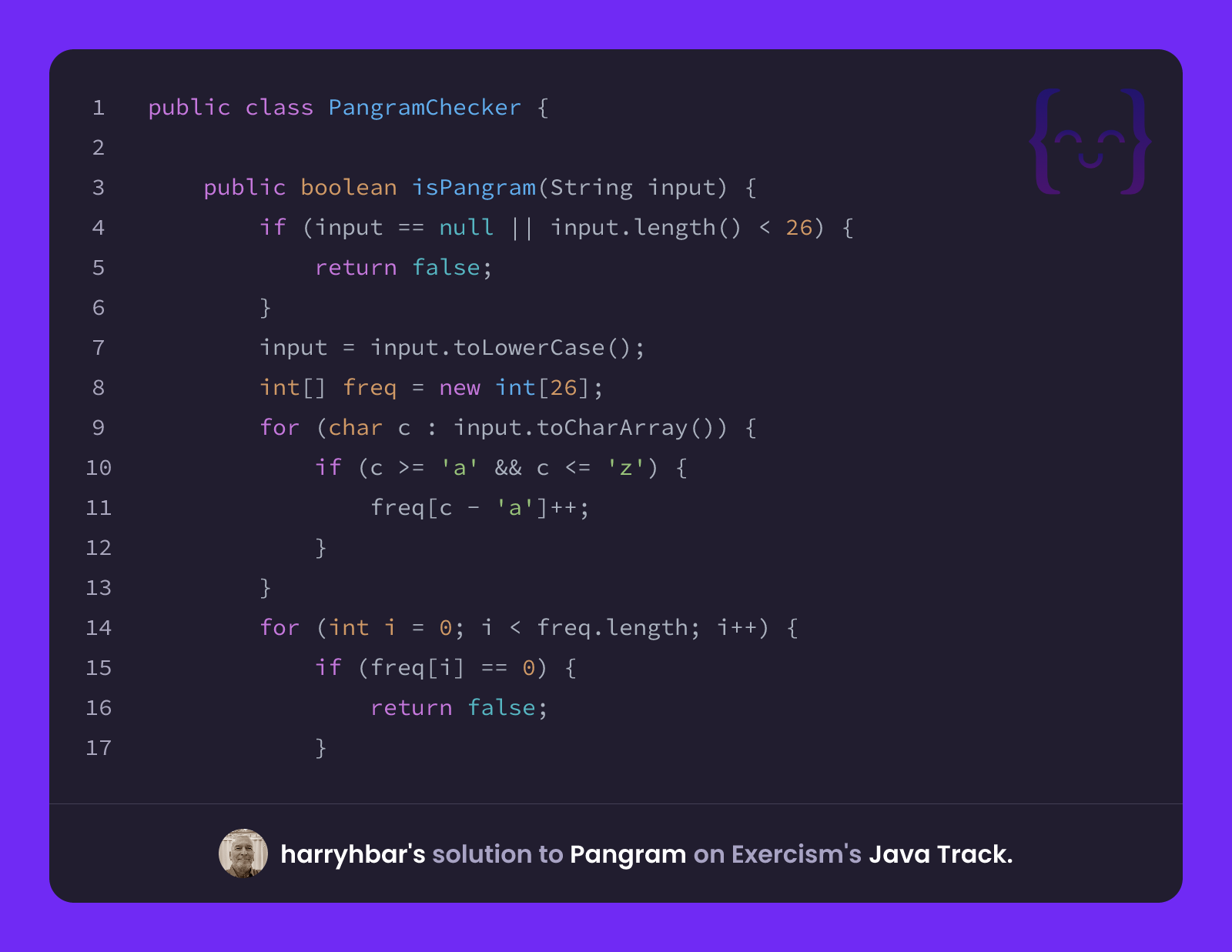 harryhbar's solution for Pangram in Java on Exercism