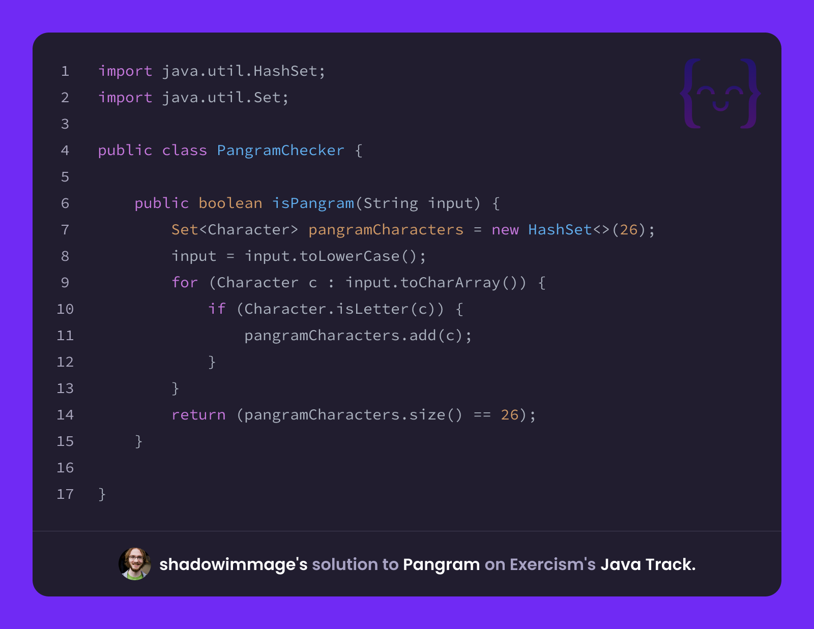 shadowimmage's solution for Pangram in Java on Exercism