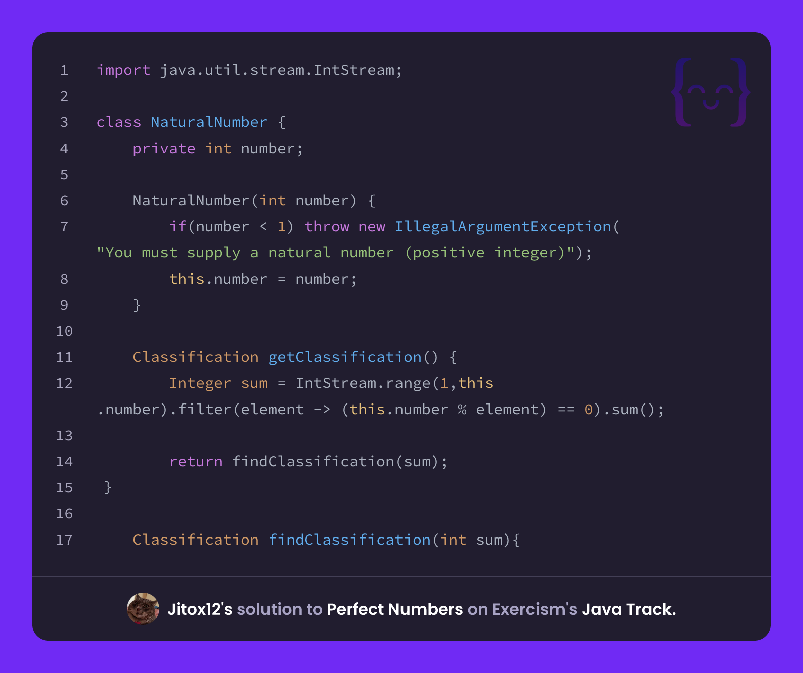 Jitox12's solution for Perfect Numbers in Java on Exercism