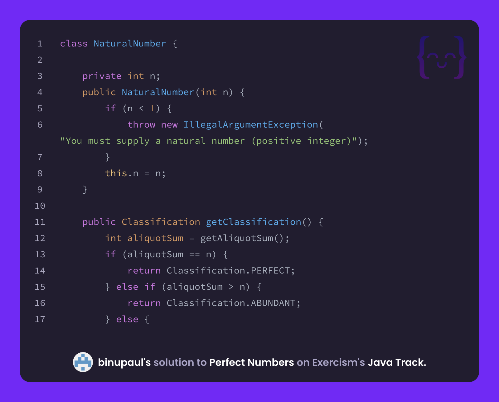 binupaul's solution for Perfect Numbers in Java on Exercism