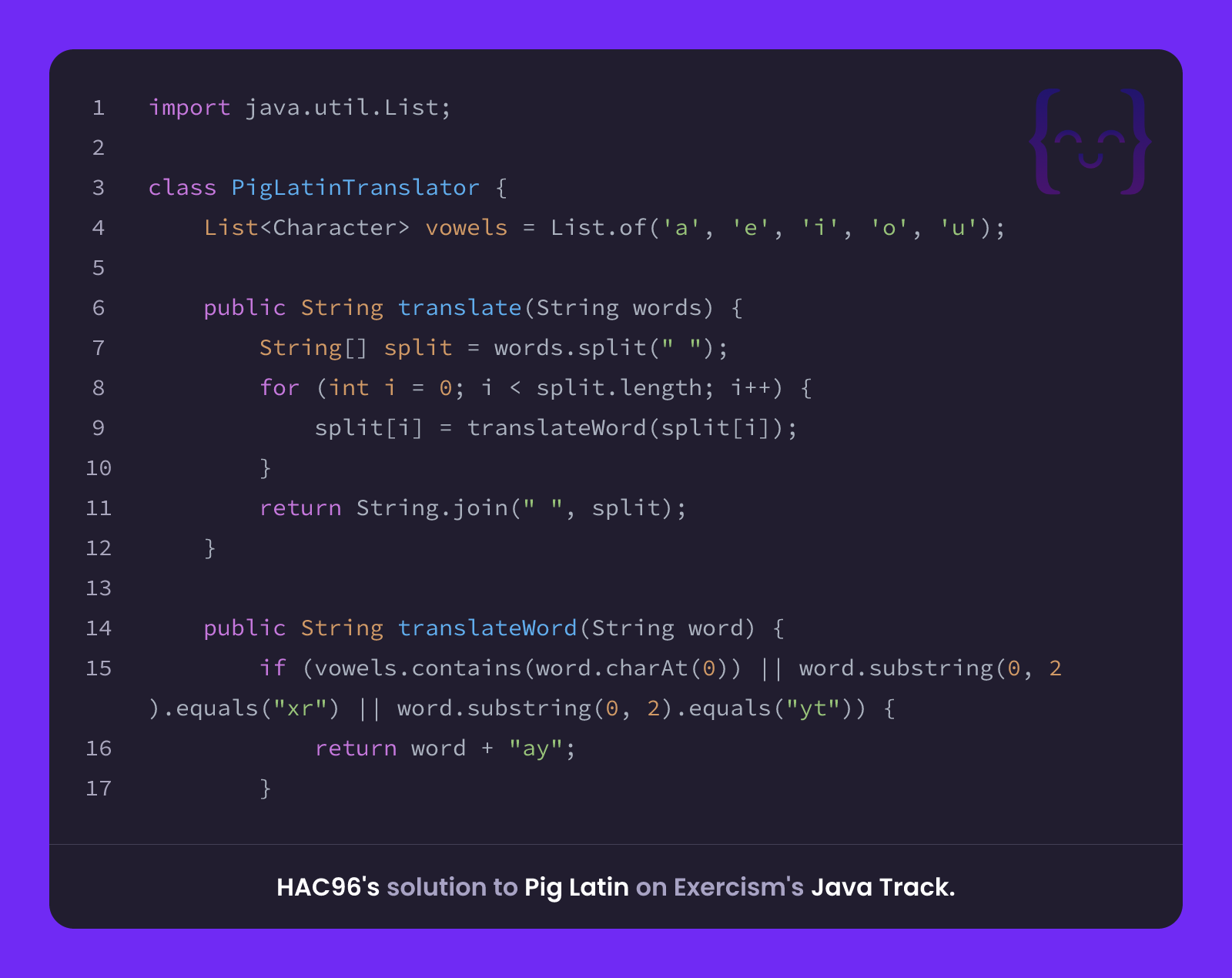HAC96's solution for Pig Latin in Java on Exercism