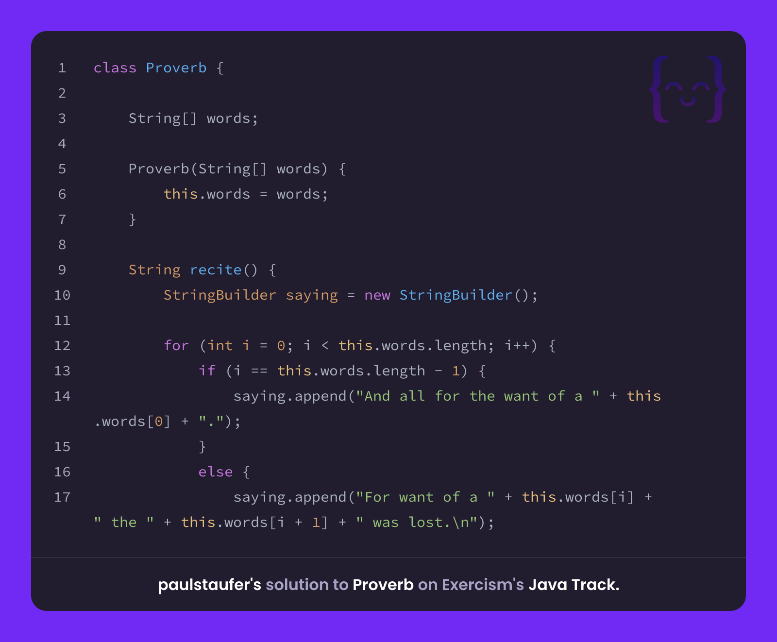 paulstaufer's solution for Proverb in Java on Exercism