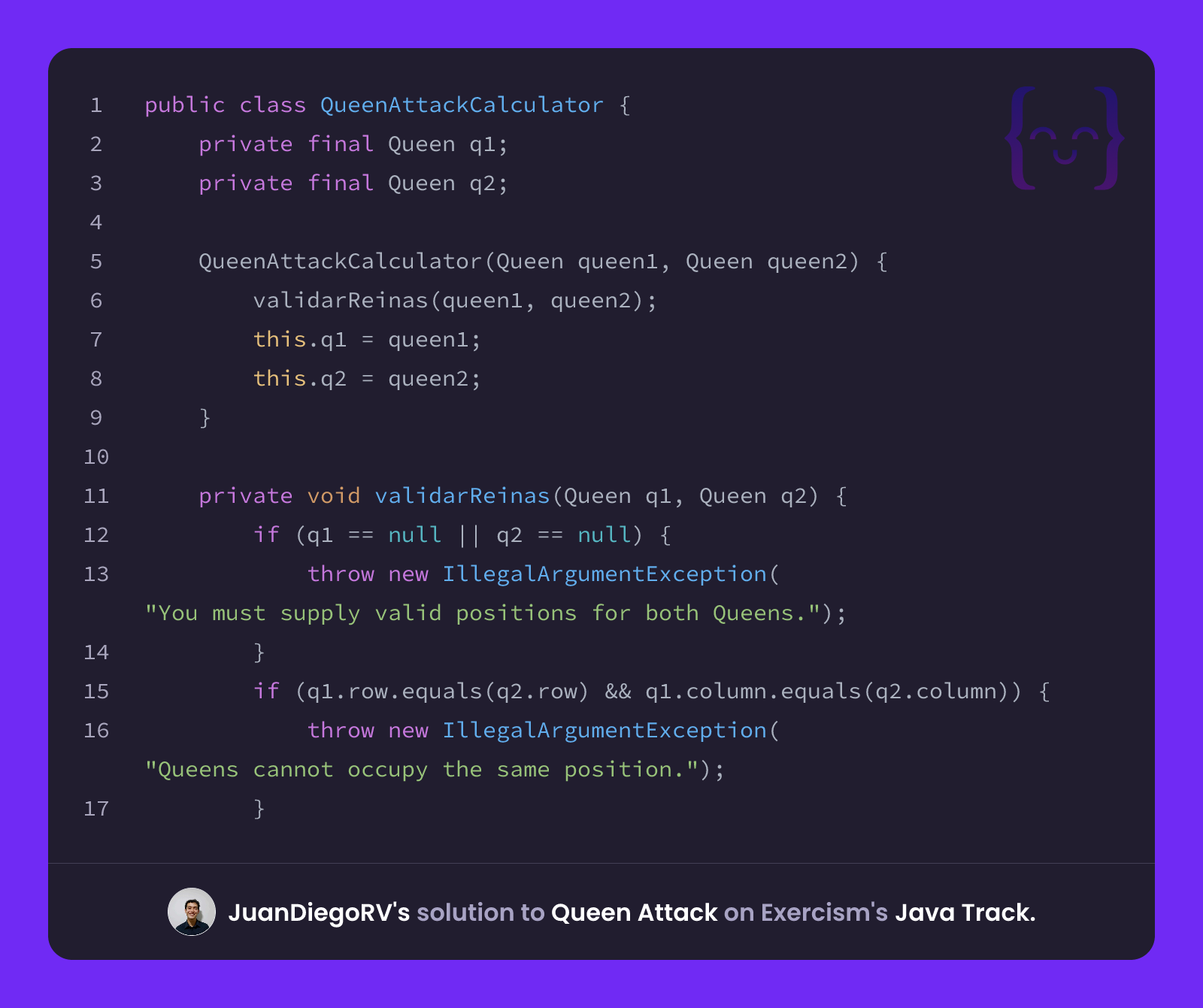 JuanDiegoRV's solution for Queen Attack in Java on Exercism