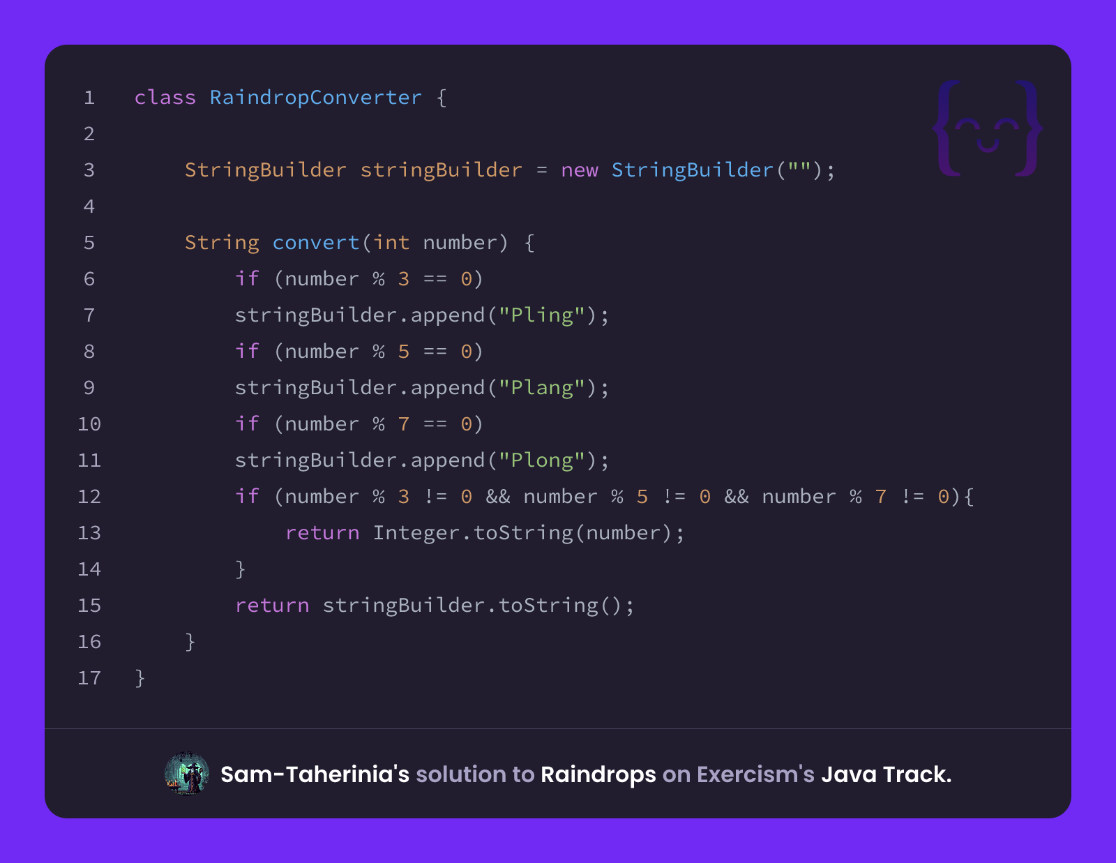 Sam-Taherinia's solution for Raindrops in Java on Exercism