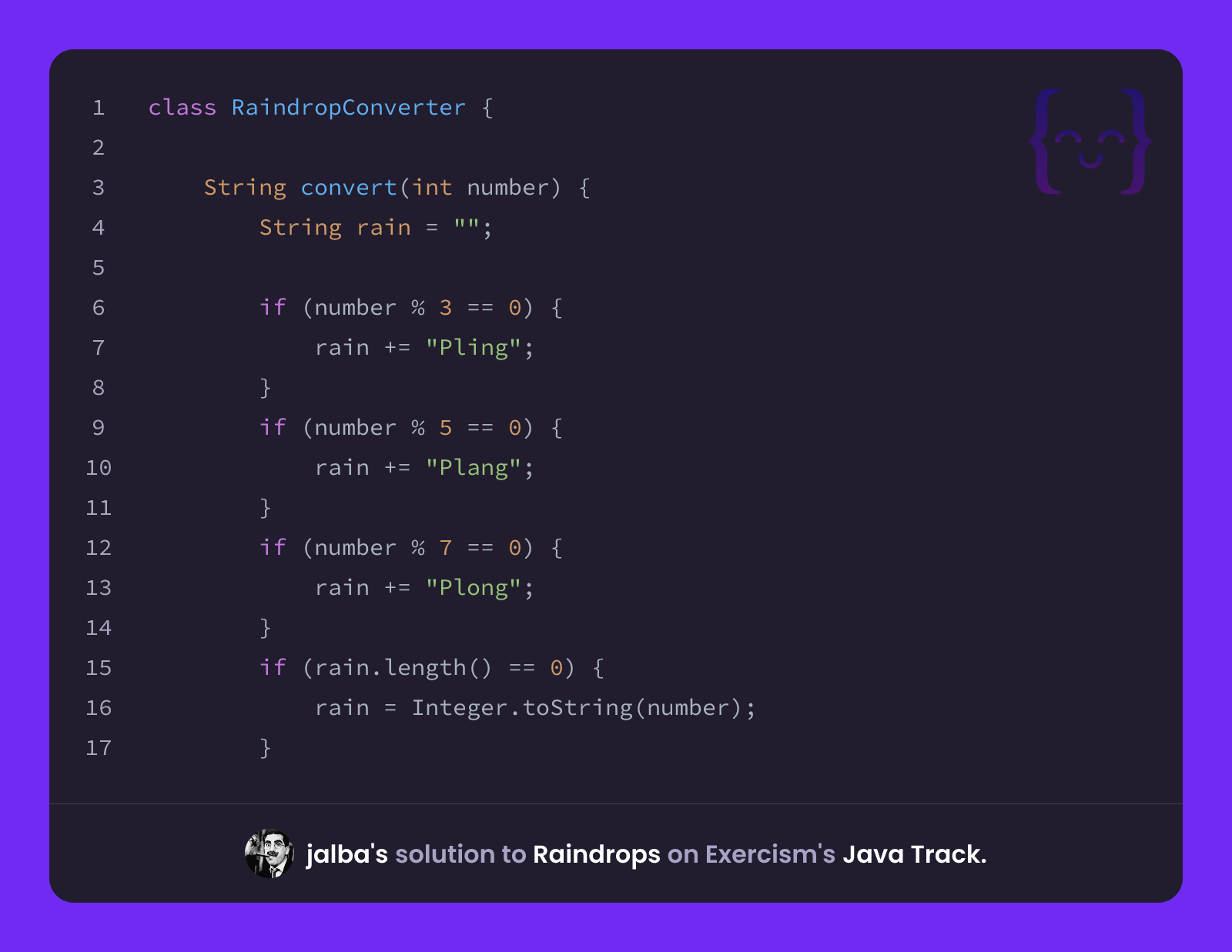 jalba's solution for Raindrops in Java on Exercism