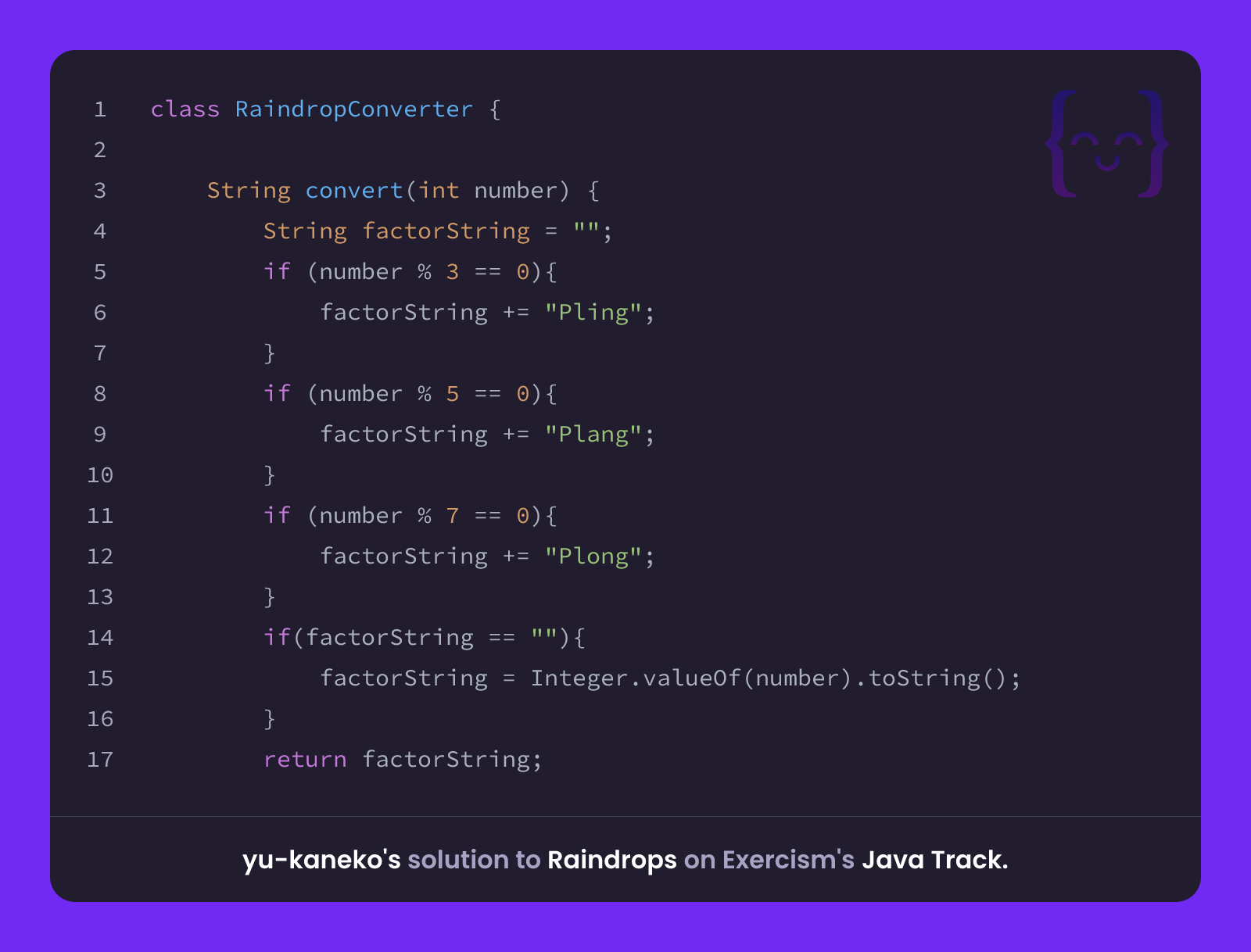 yu-kaneko's solution for Raindrops in Java on Exercism