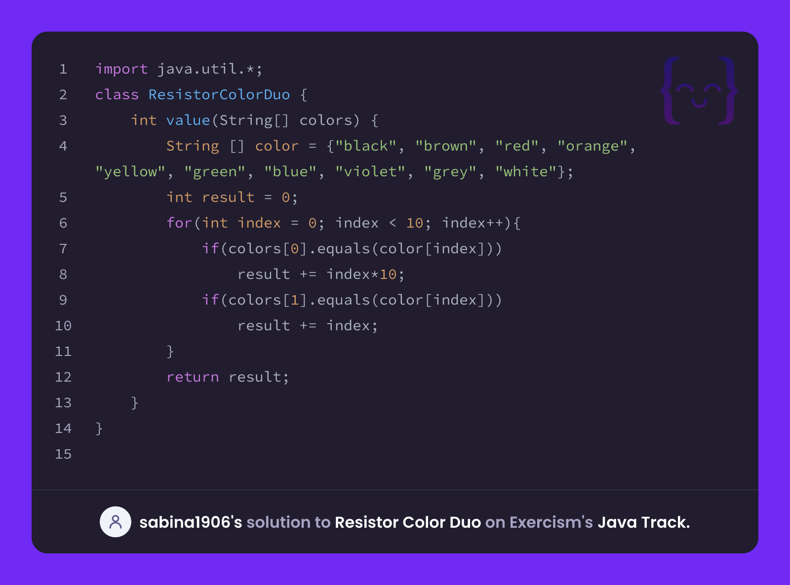 sabina1906's solution for Resistor Color Duo in Java on Exercism