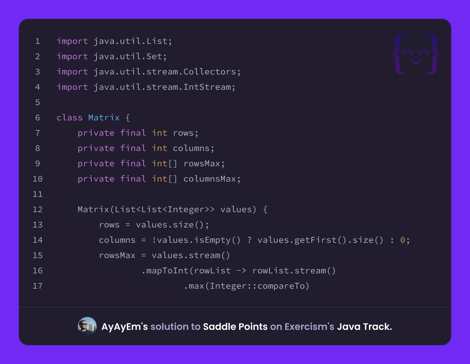 AyAyEm's solution for Saddle Points in Java on Exercism