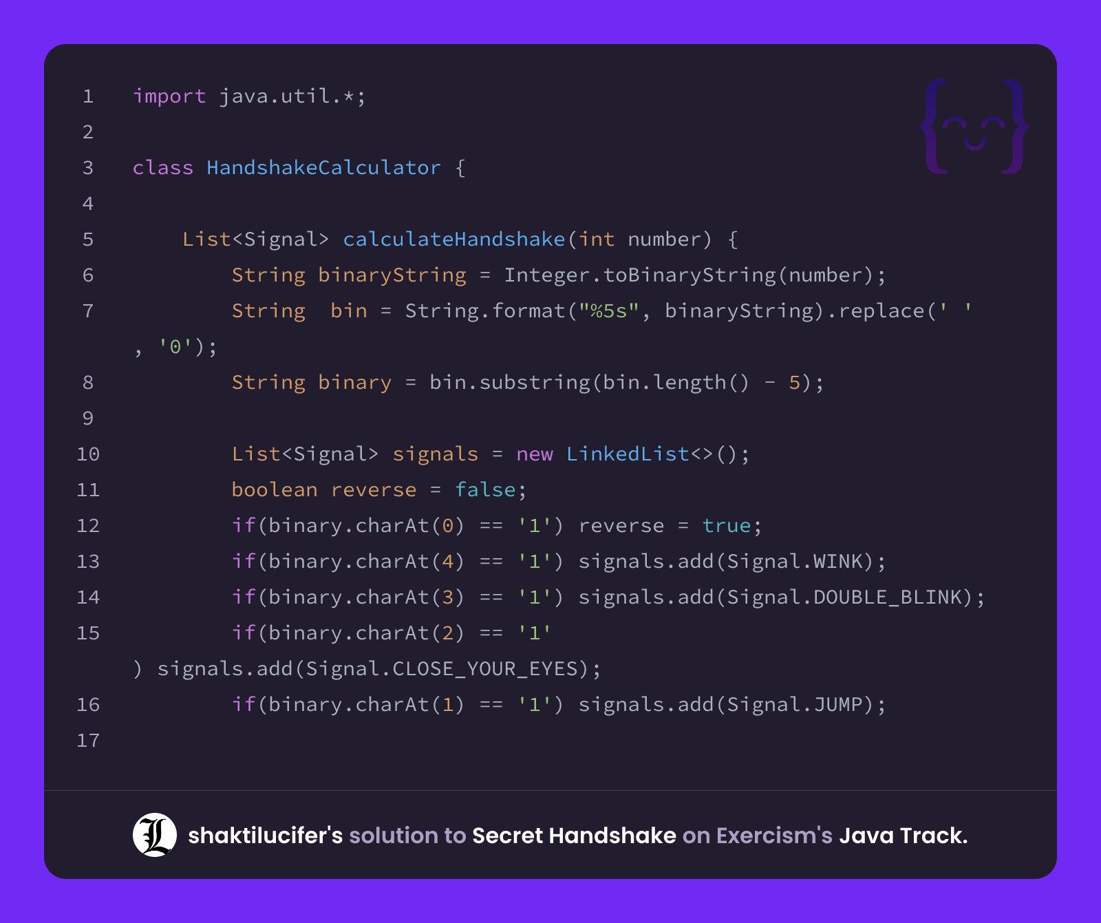 shaktilucifer's solution for Secret Handshake in Java on Exercism
