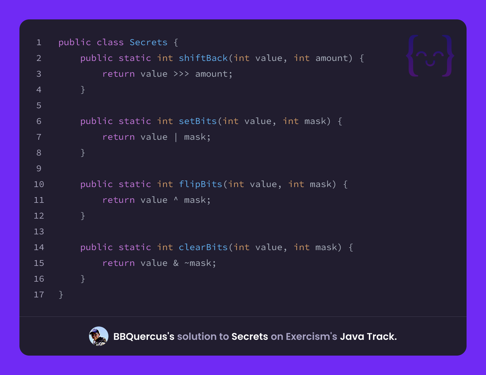BBQuercus's solution for Secrets in Java on Exercism