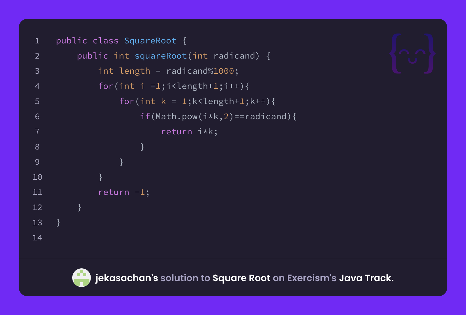 jekasachan's solution for Square Root in Java on Exercism