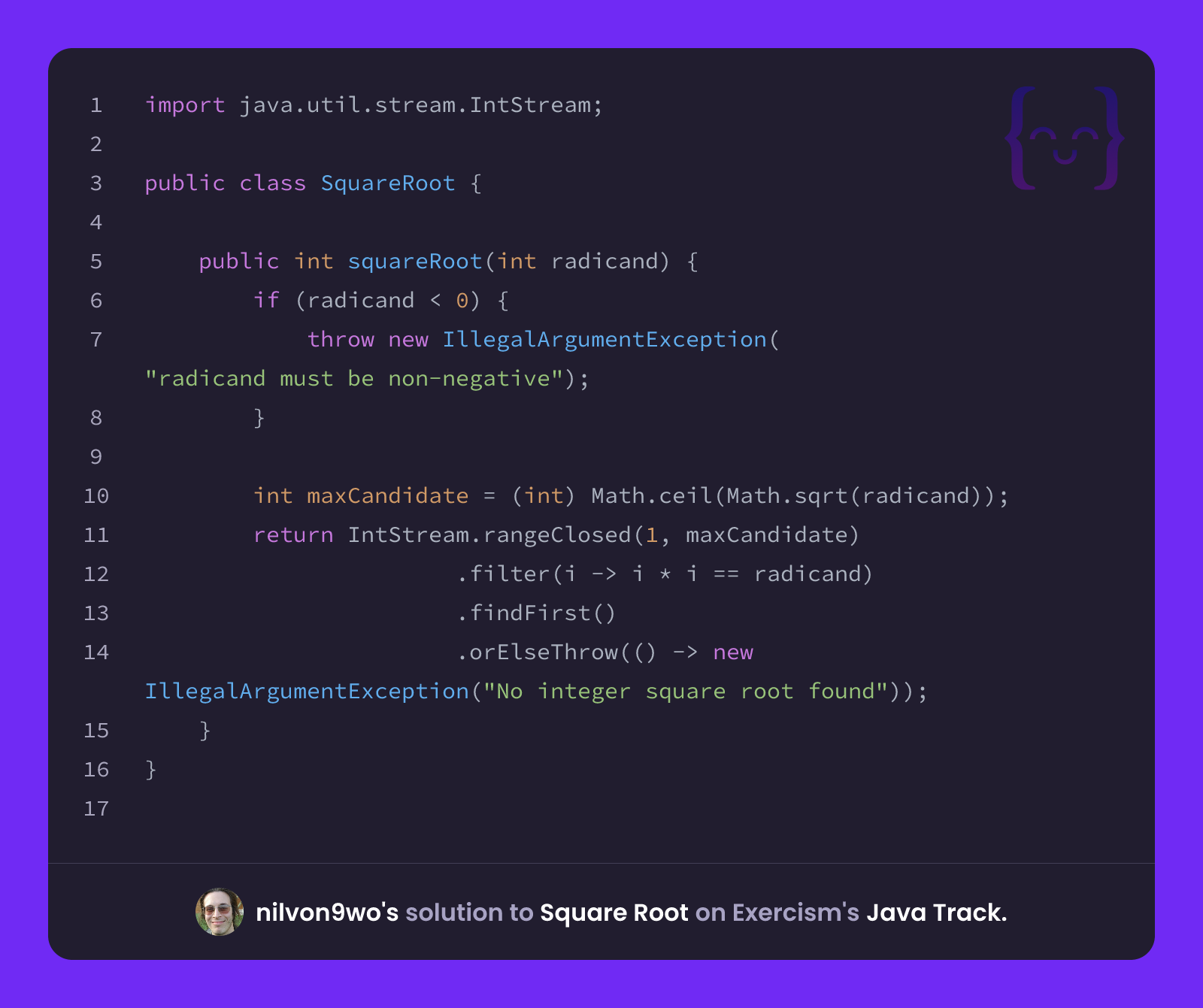 nilvon9wo's solution for Square Root in Java on Exercism