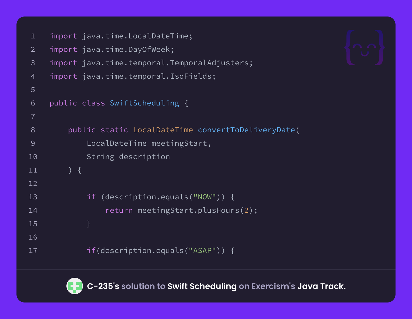 C-235's solution for Swift Scheduling in Java on Exercism