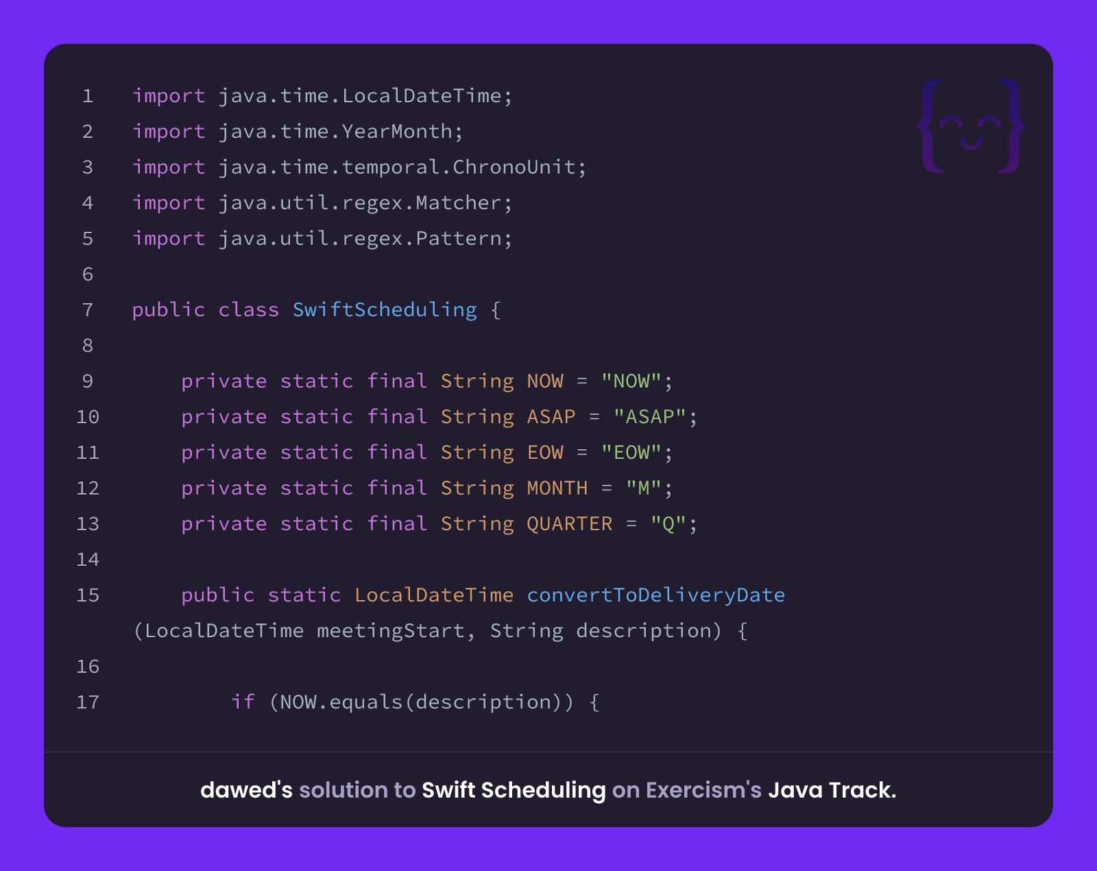 dawed's solution for Swift Scheduling in Java on Exercism
