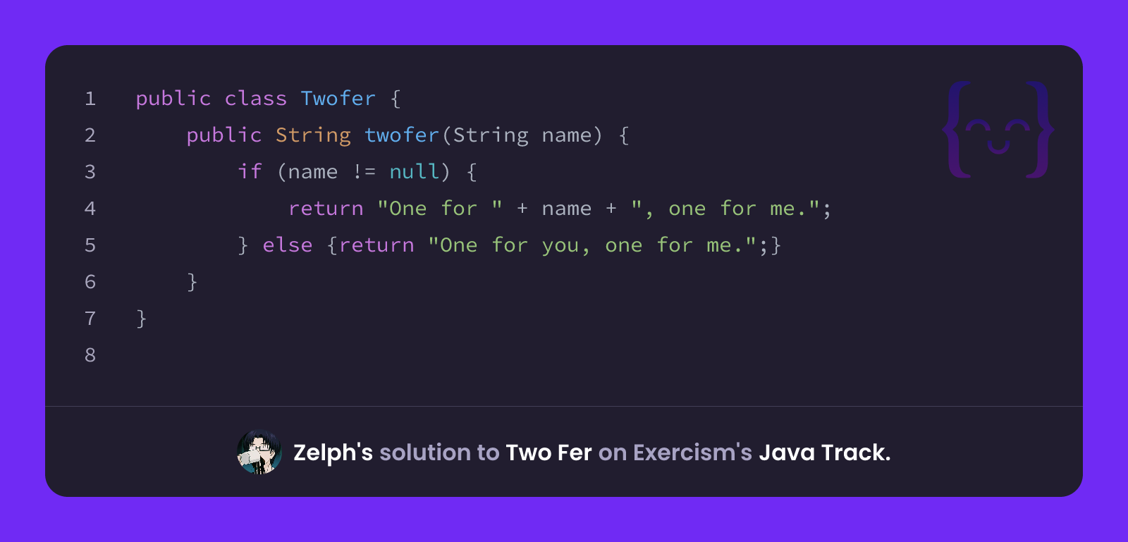 Zelph's solution for Two Fer in Java on Exercism