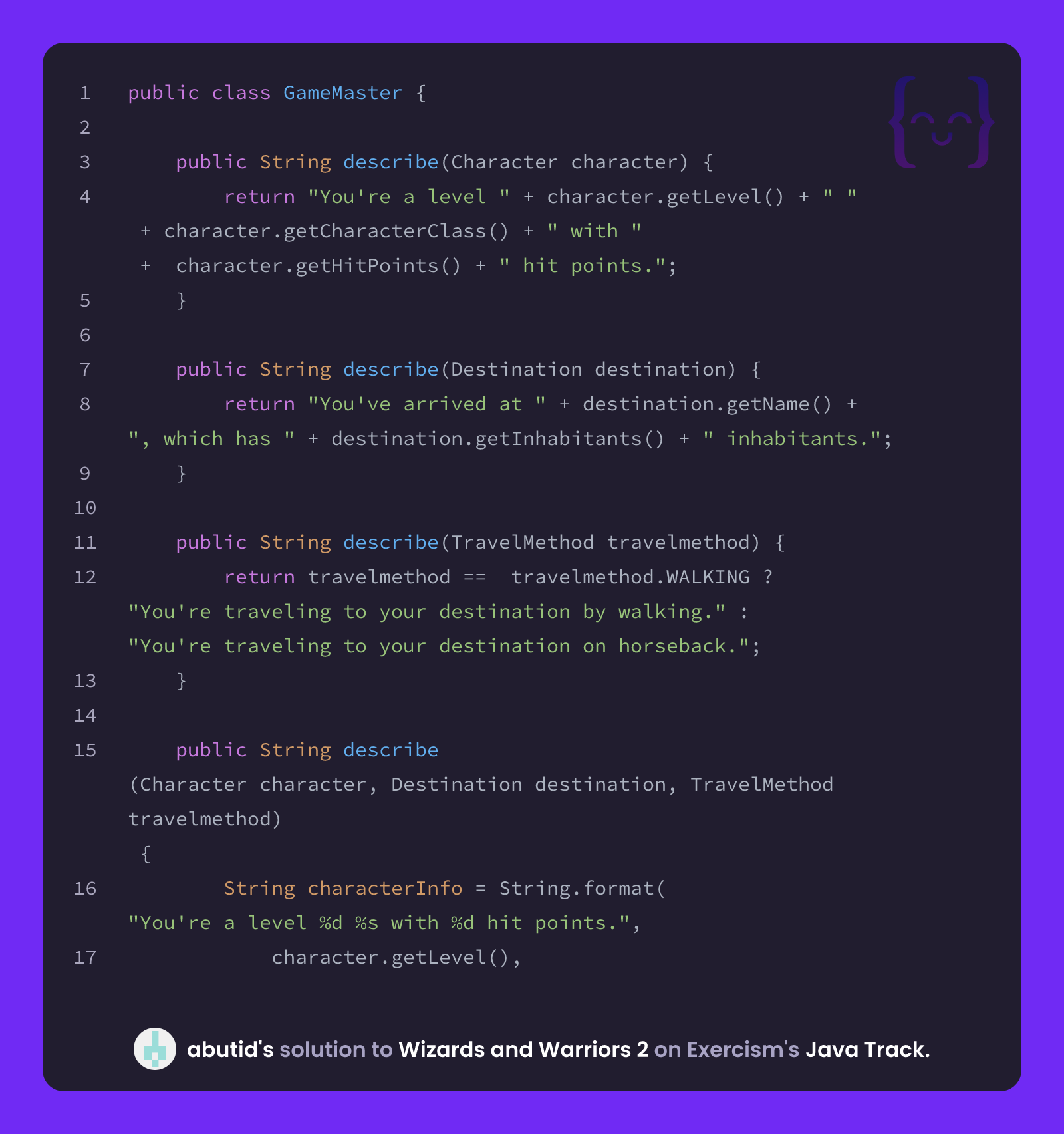 abutid's solution for Wizards and Warriors 2 in Java on Exercism