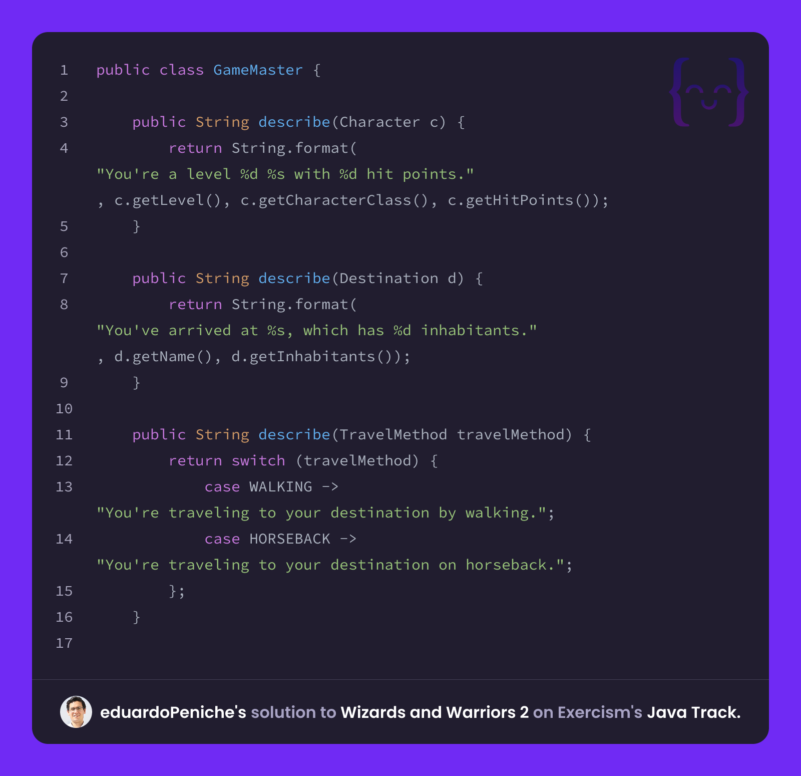 eduardoPeniche's solution for Wizards and Warriors 2 in Java on Exercism