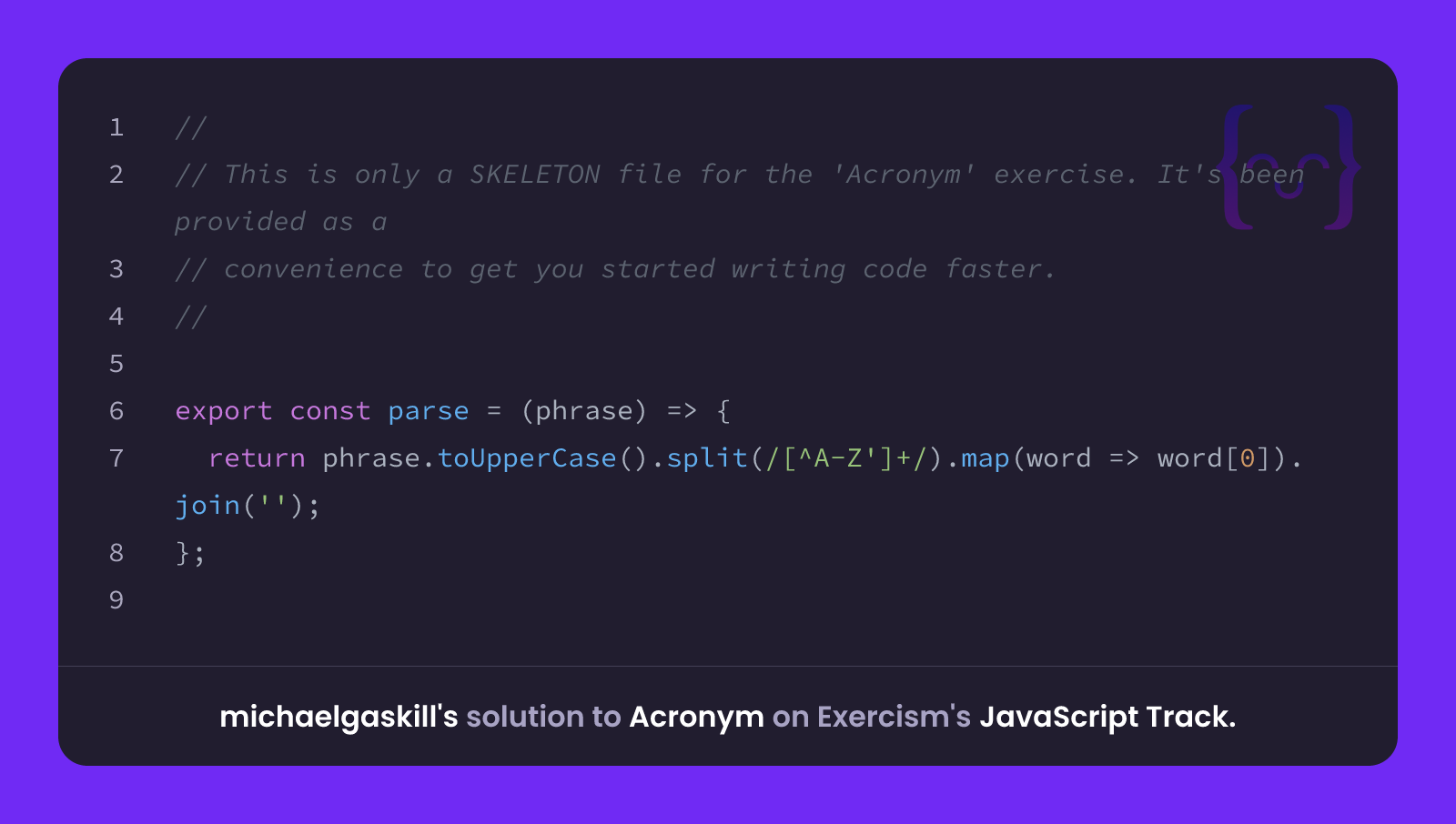 michaelgaskill's solution for Acronym in JavaScript on Exercism